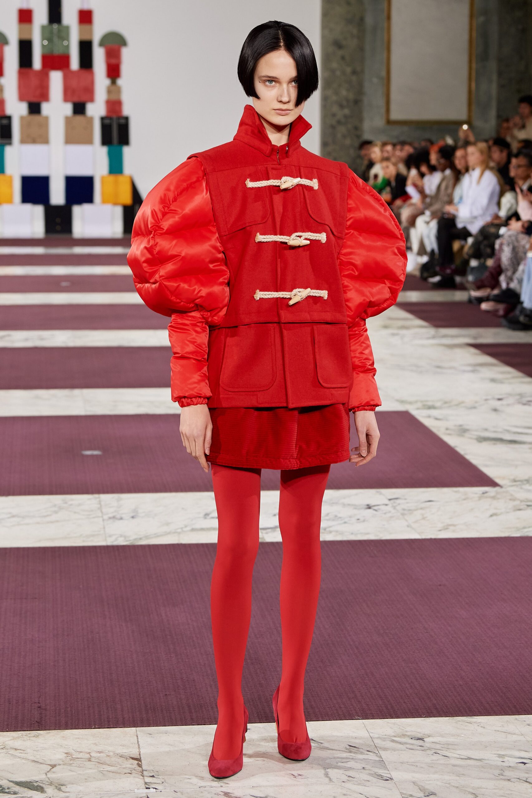 red cotton long-sleeve collared fitted padded buttoned jacket