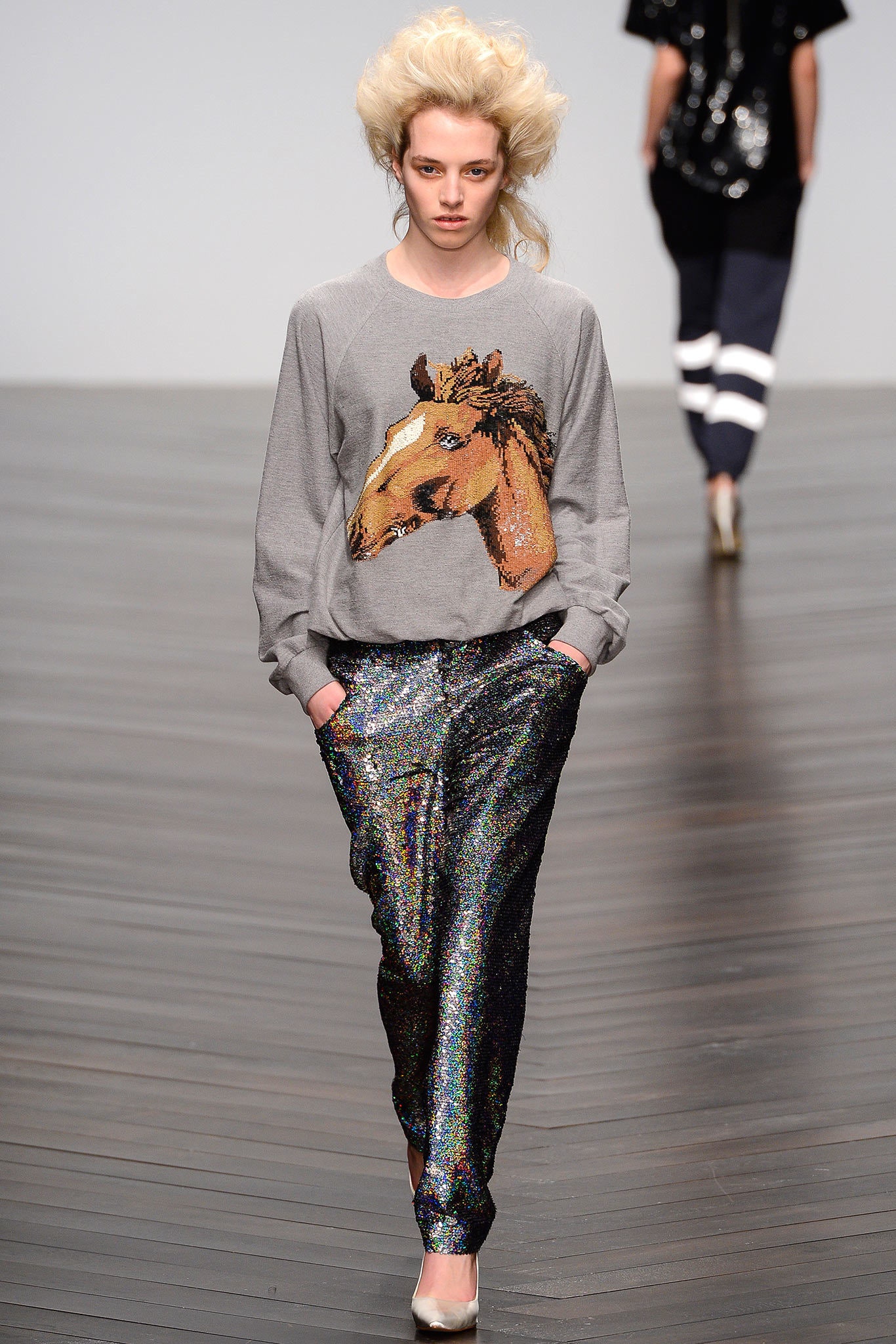 multi sequin fitted straight-leg shiny pants