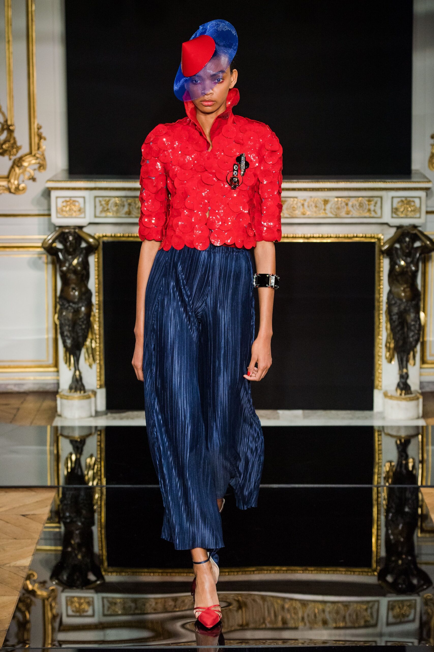 red silk short-sleeve collared fitted embroidered blouse