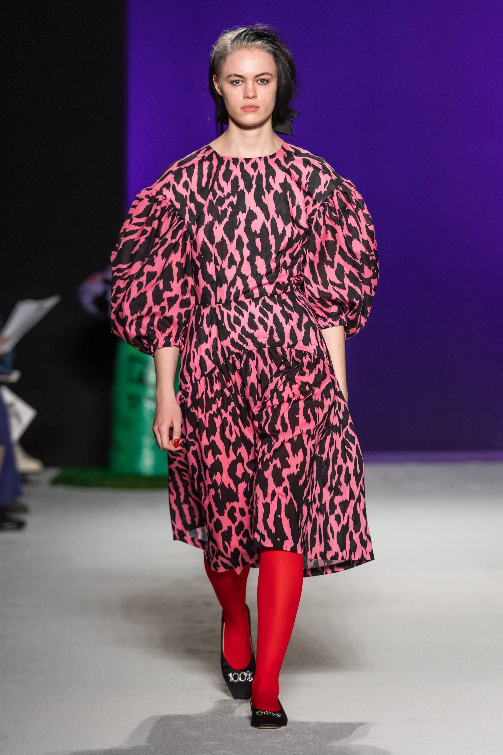 pink and black printed midi dress
