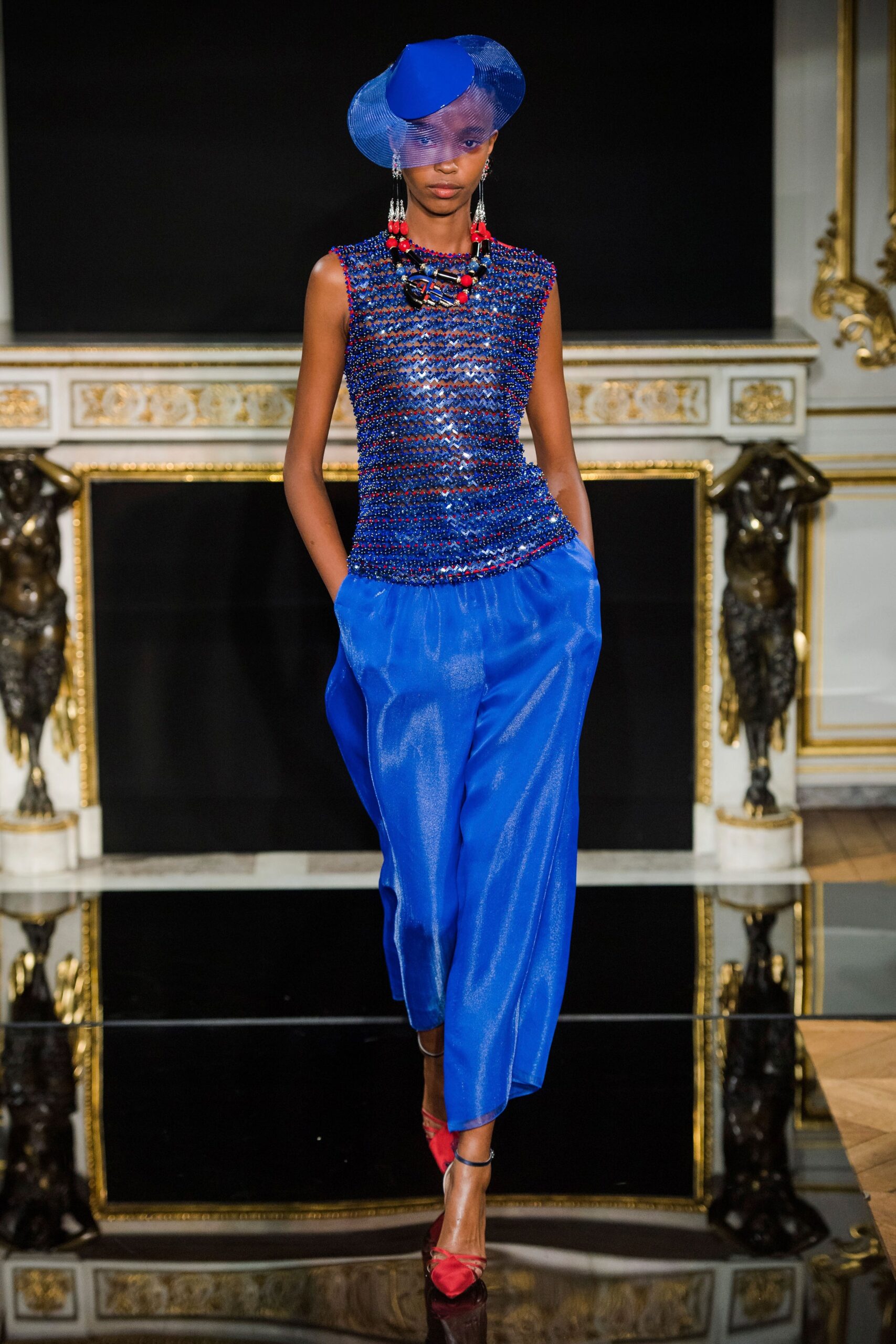 blue silk relaxed wide-leg flowing pants