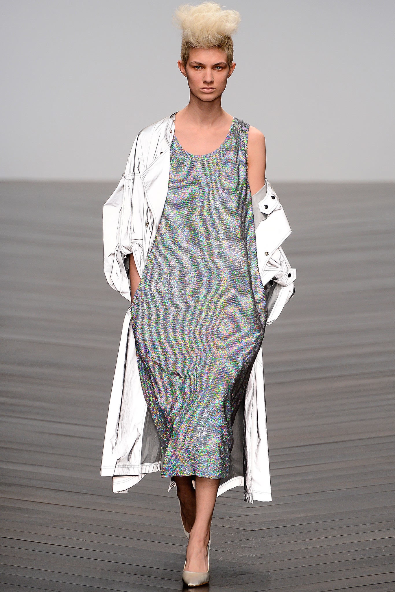 silver sequin relaxed midi dress with oversized white coat