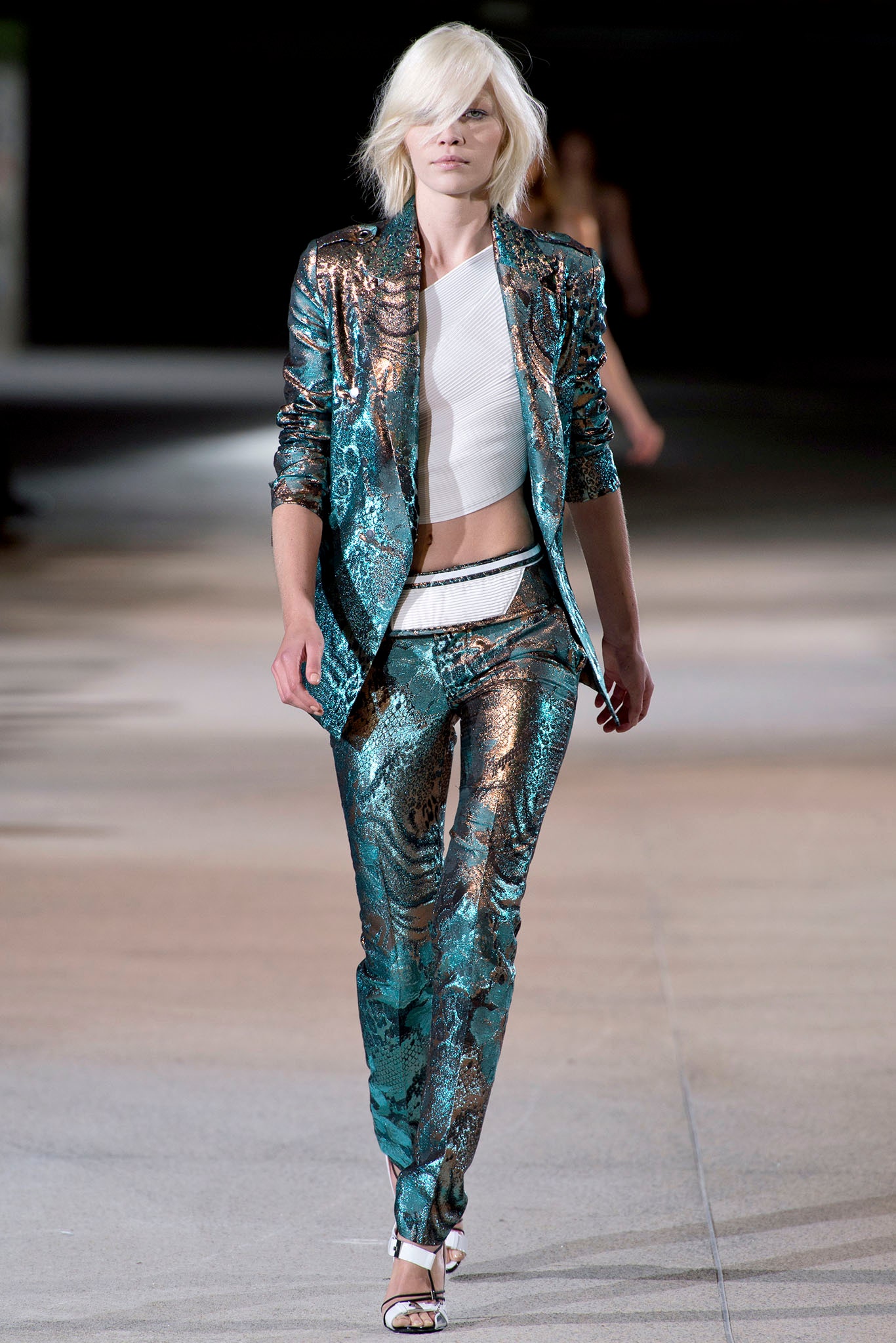 blue and gold embroidered blazer with fitted pants