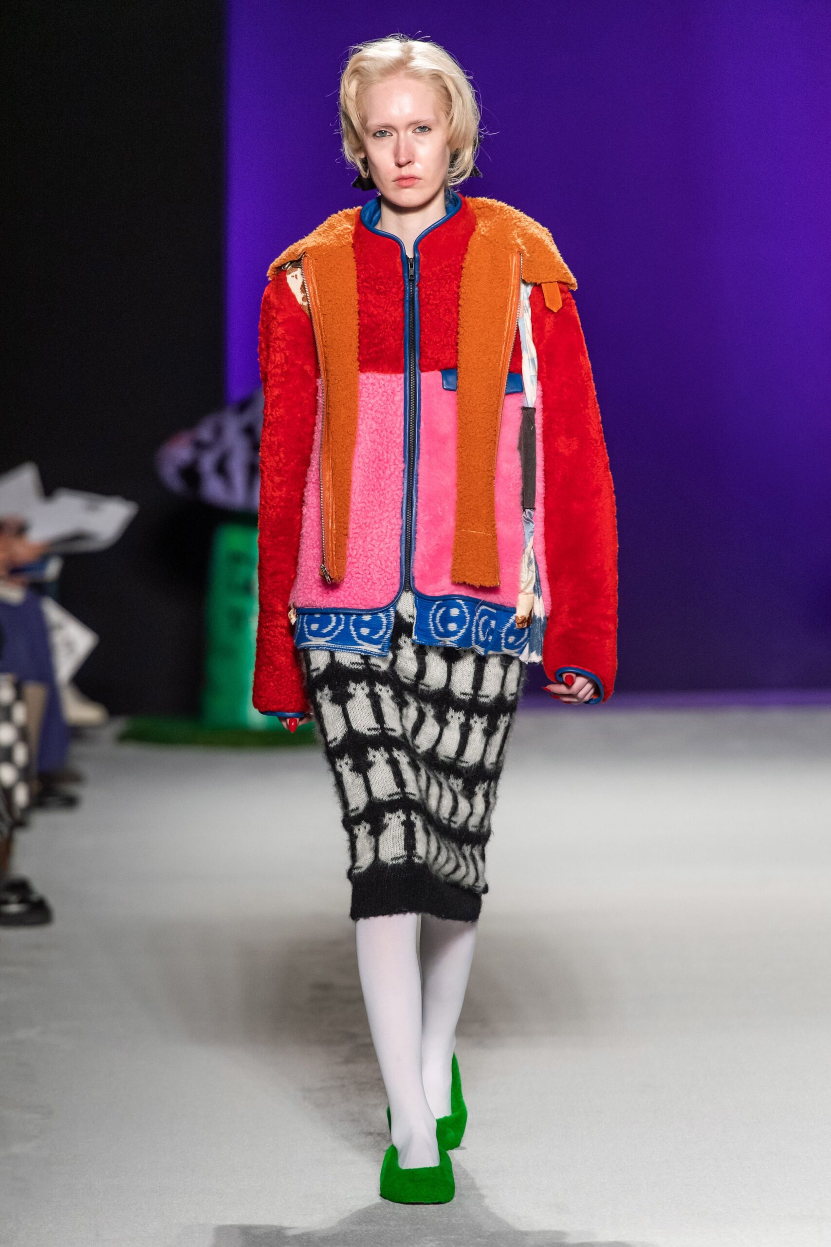 red faux-fur long-sleeve collared oversized layered jacket