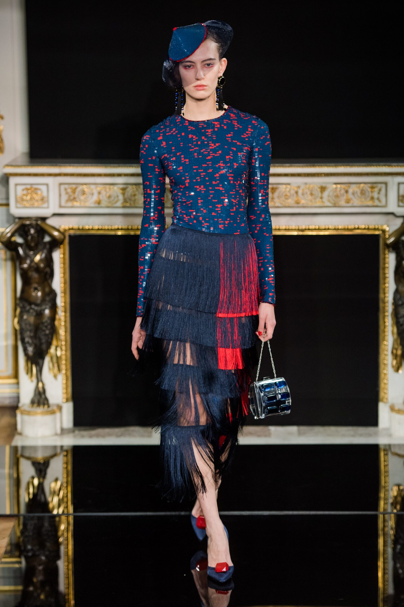 fitted blue top with fringed skirt