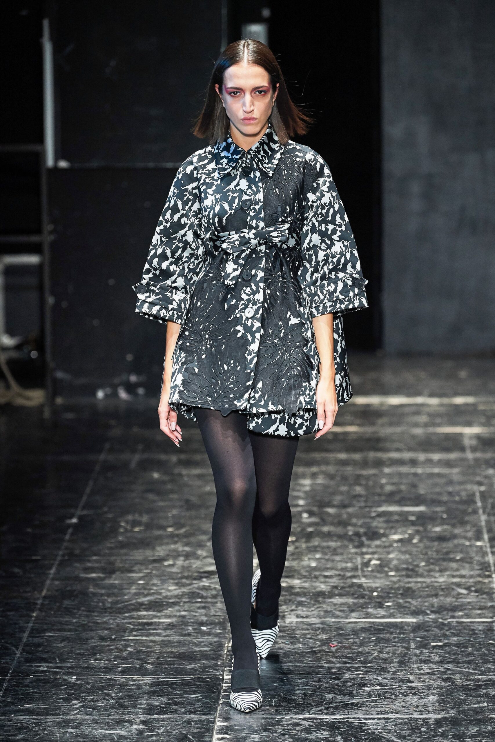 black and white printed belted dress