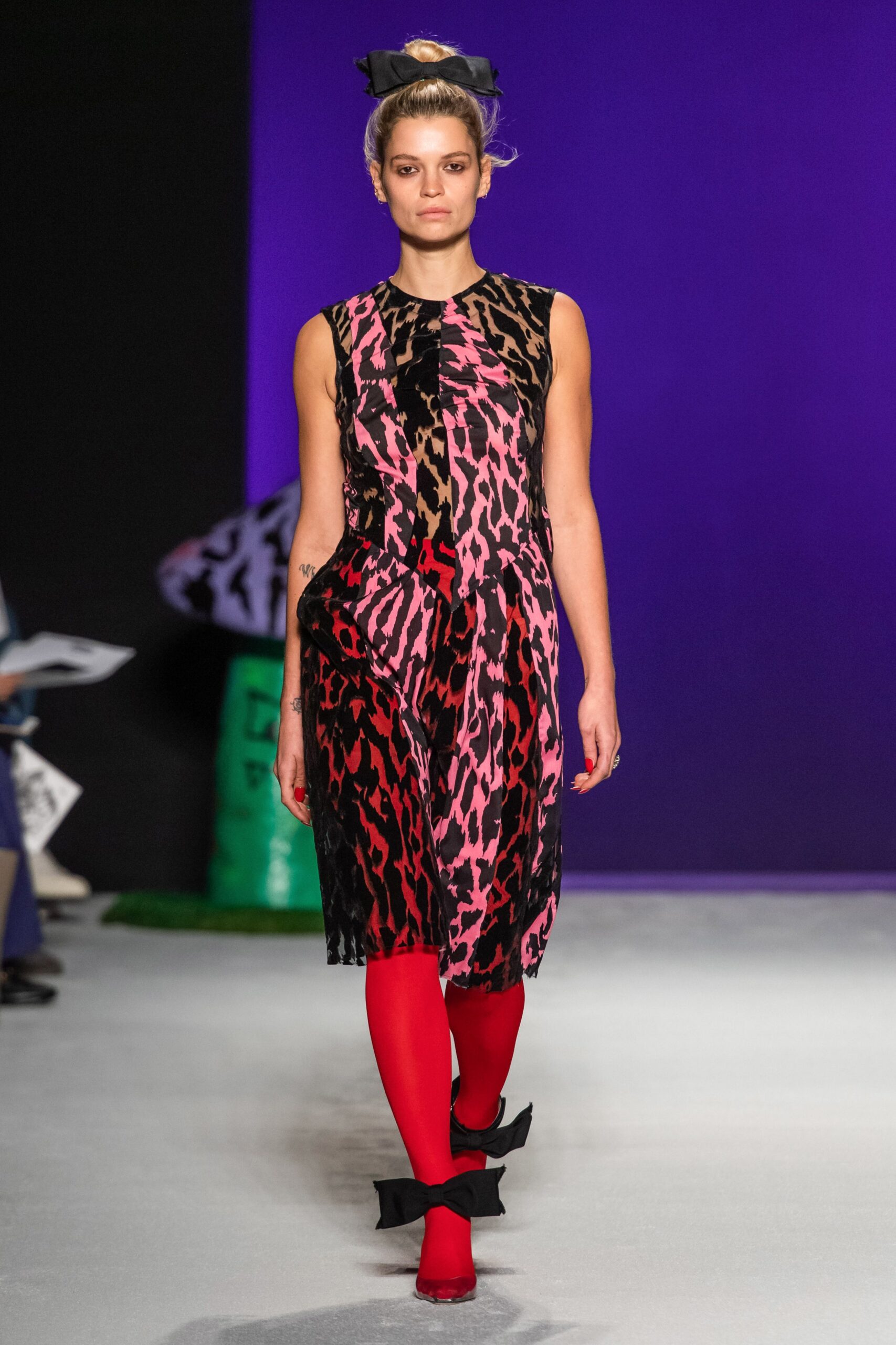 animal-print midi dress with red tights