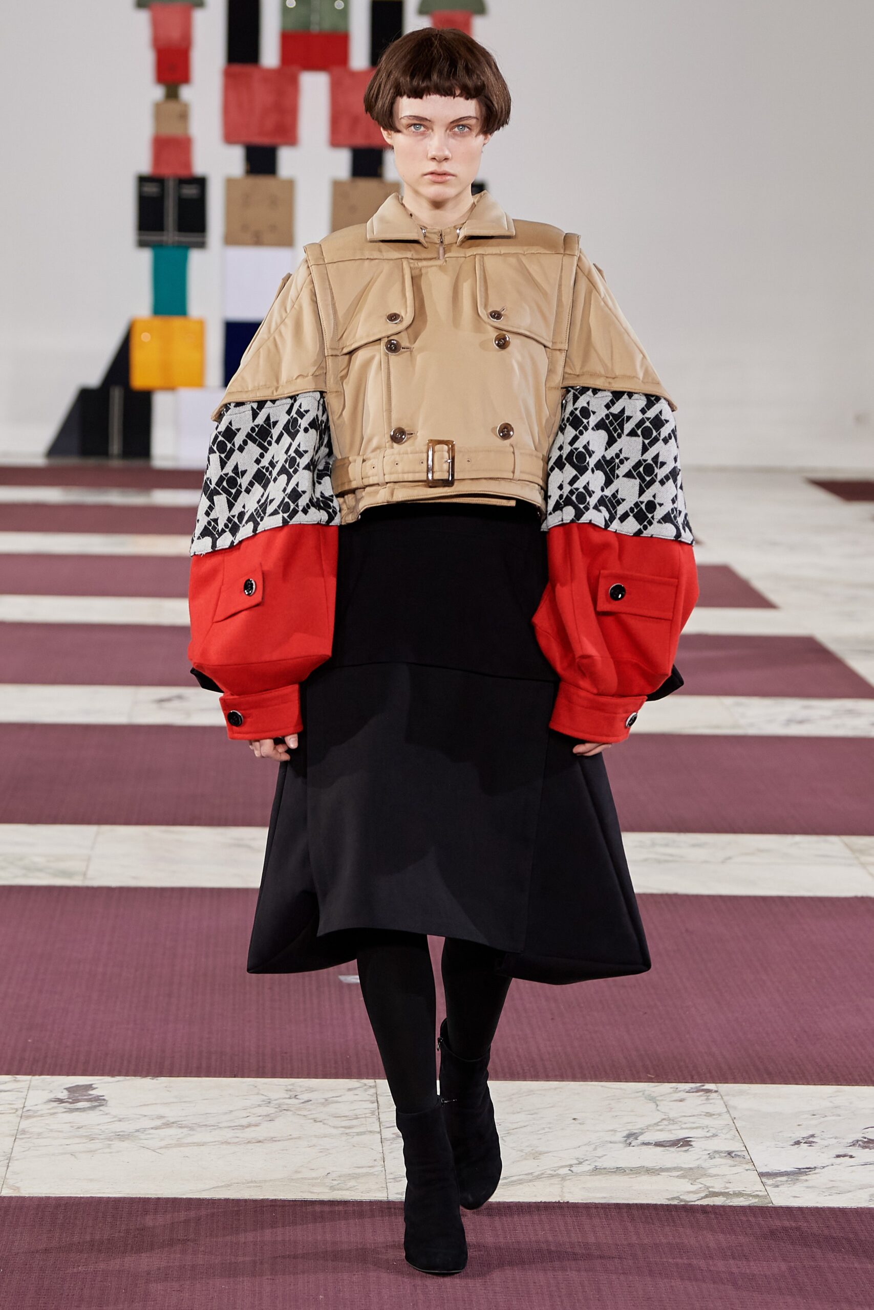 oversized color-blocked jacket with midi skirt