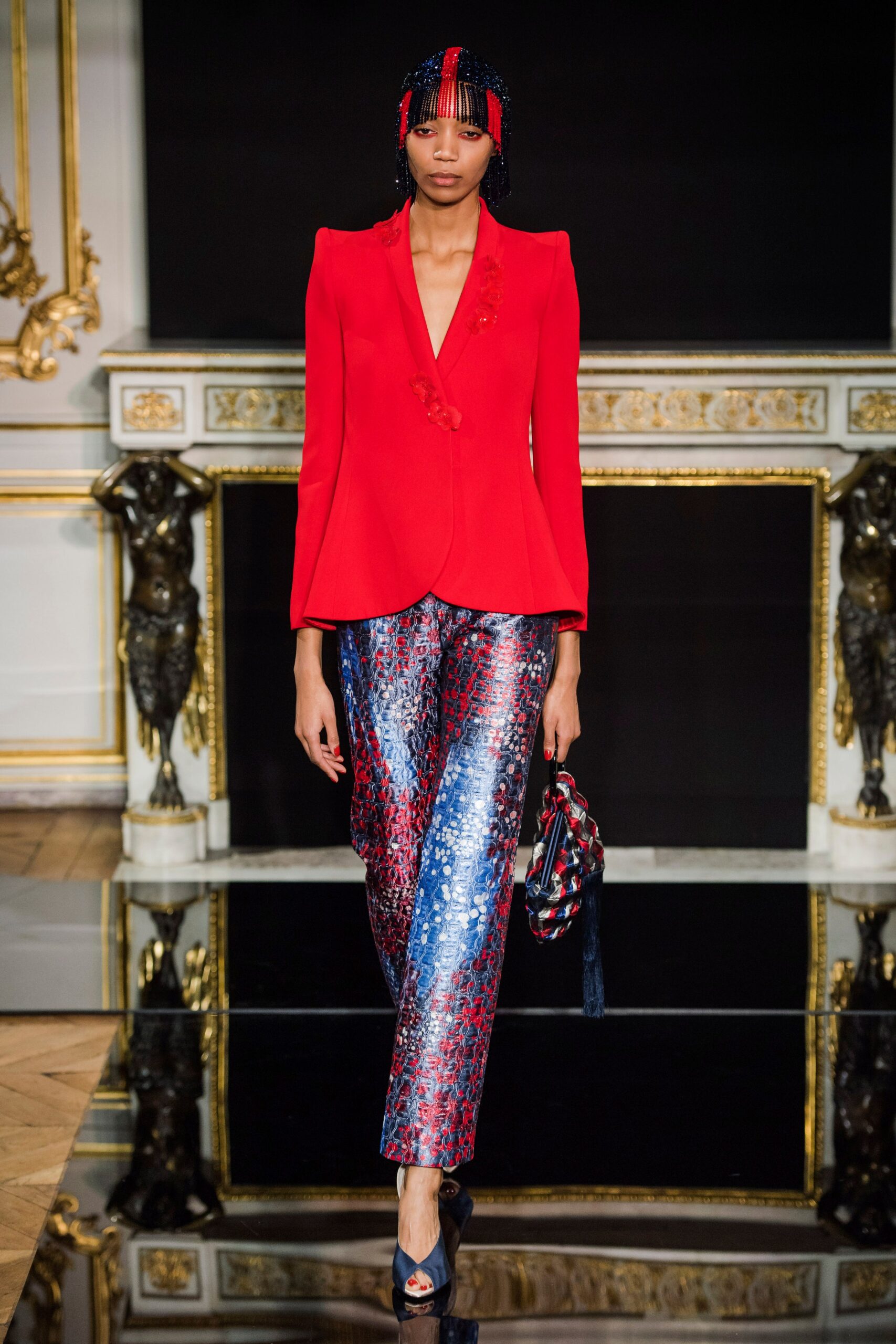 red tailored blazer with sequin pants