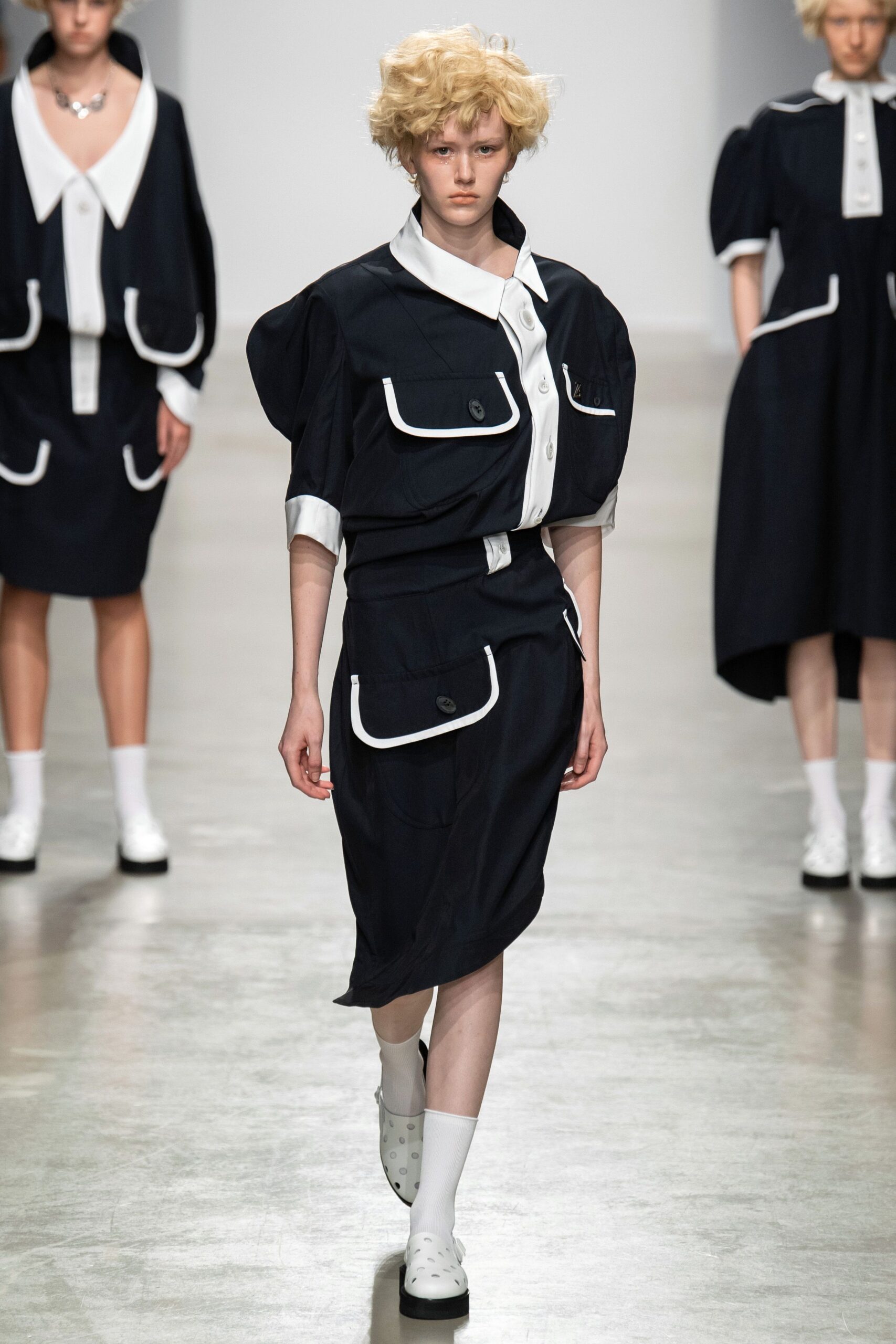 blue and white collared dress