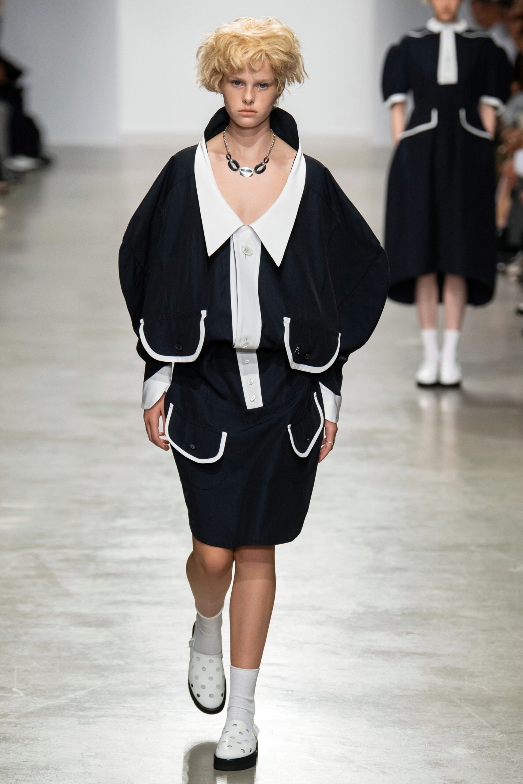 navy and white collared dress