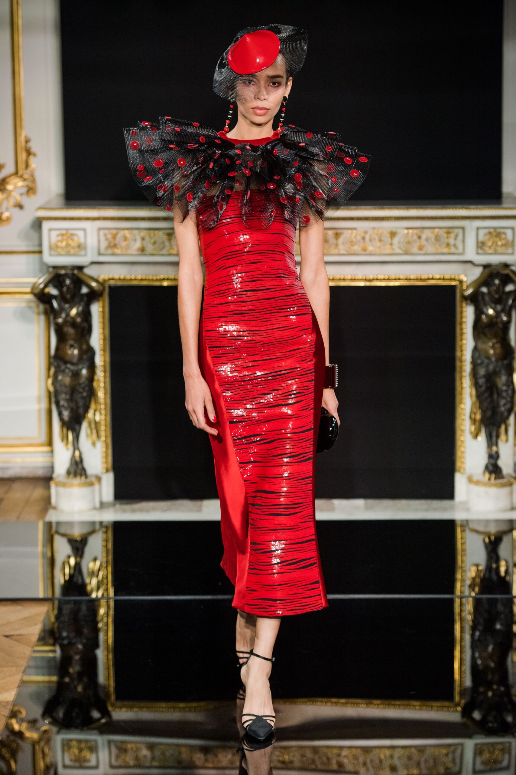 red sequin sleeveless high-neck fitted ruched embellished dress
