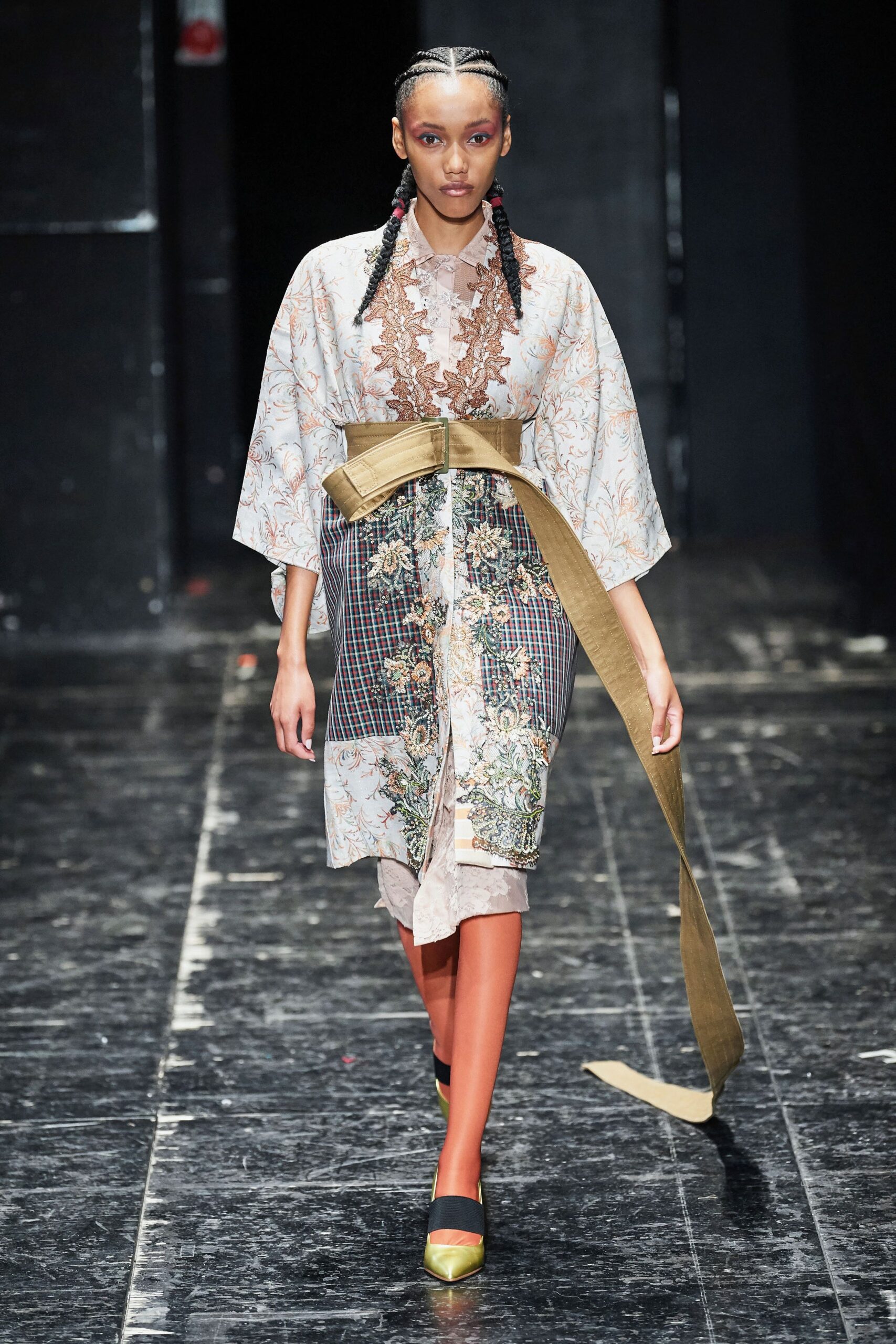 beige embroidered midi dress with gold belt