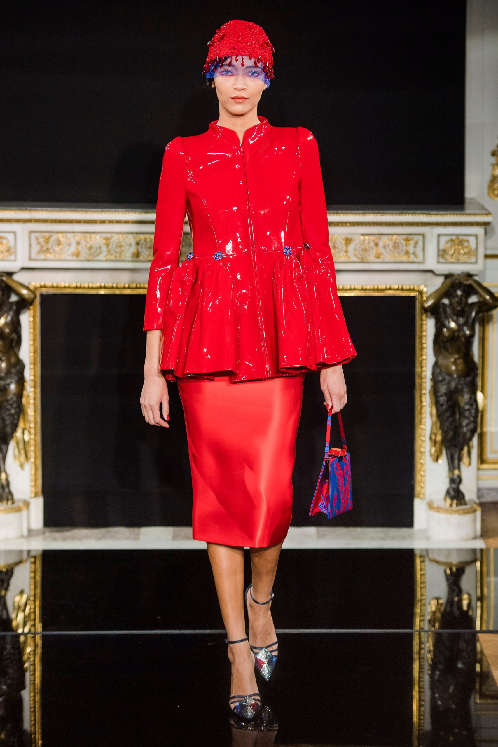 red vinyl long-sleeve collared fitted pleated shiny jacket