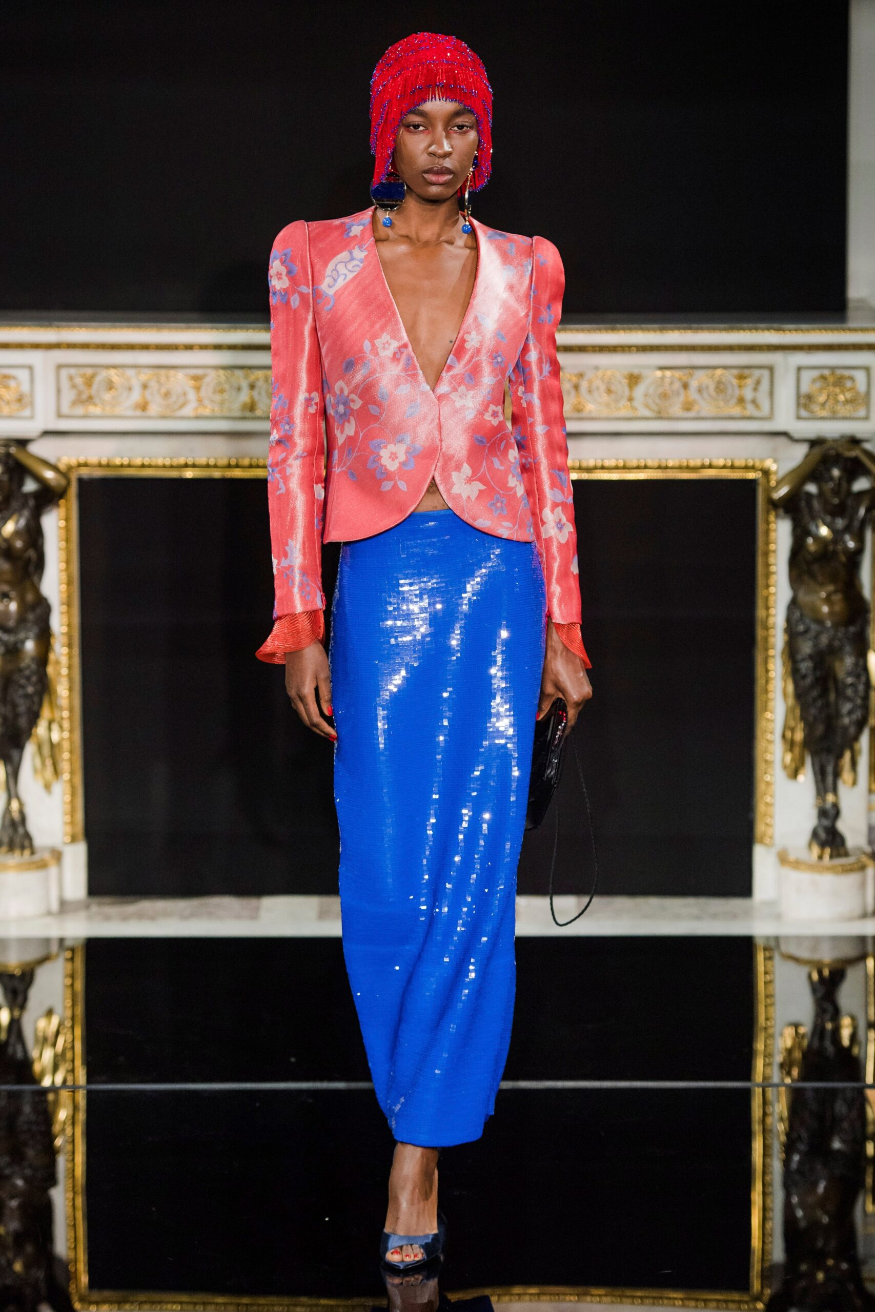 red floral blazer blue sequin skirt