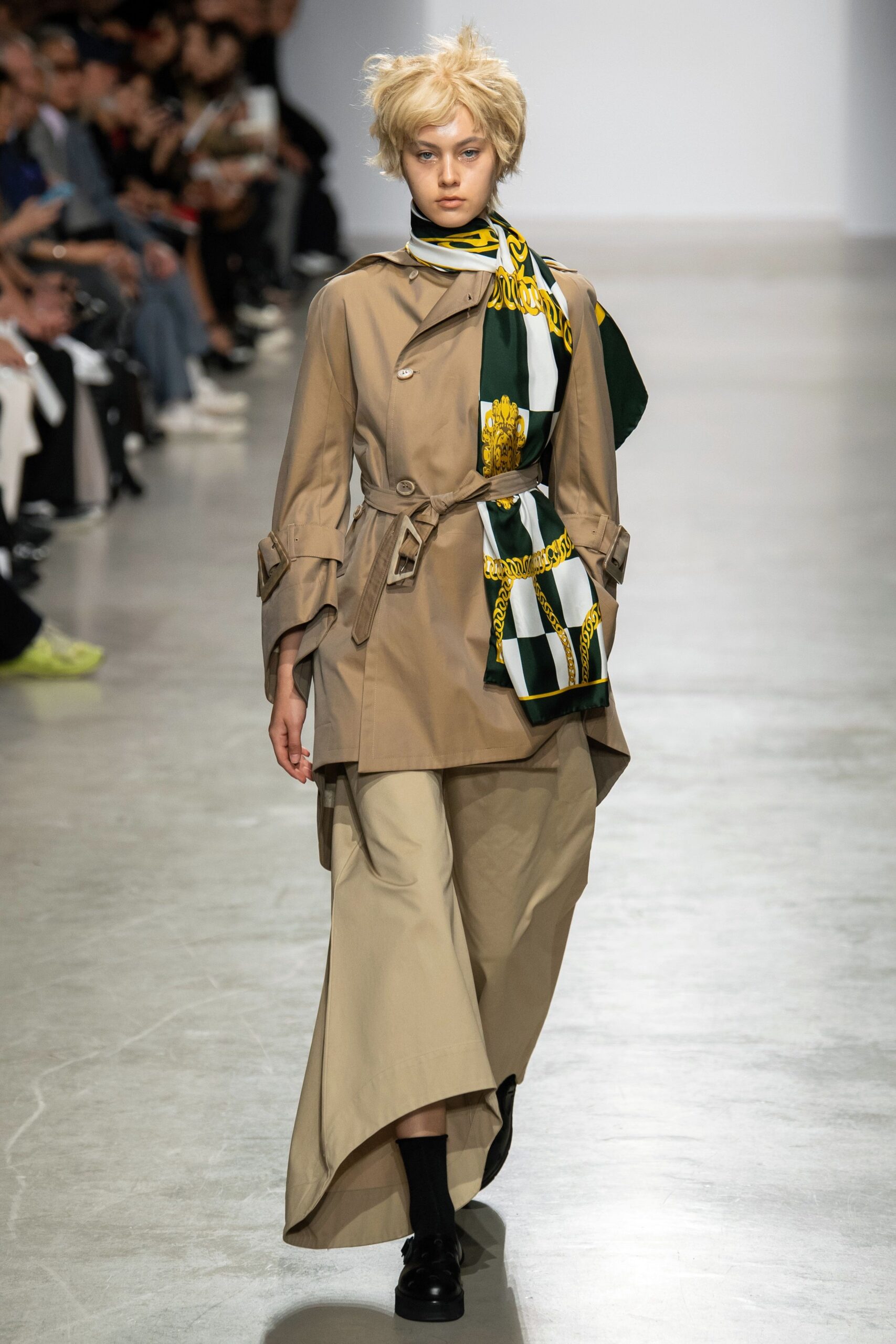 beige trench coat with asymmetric skirt
