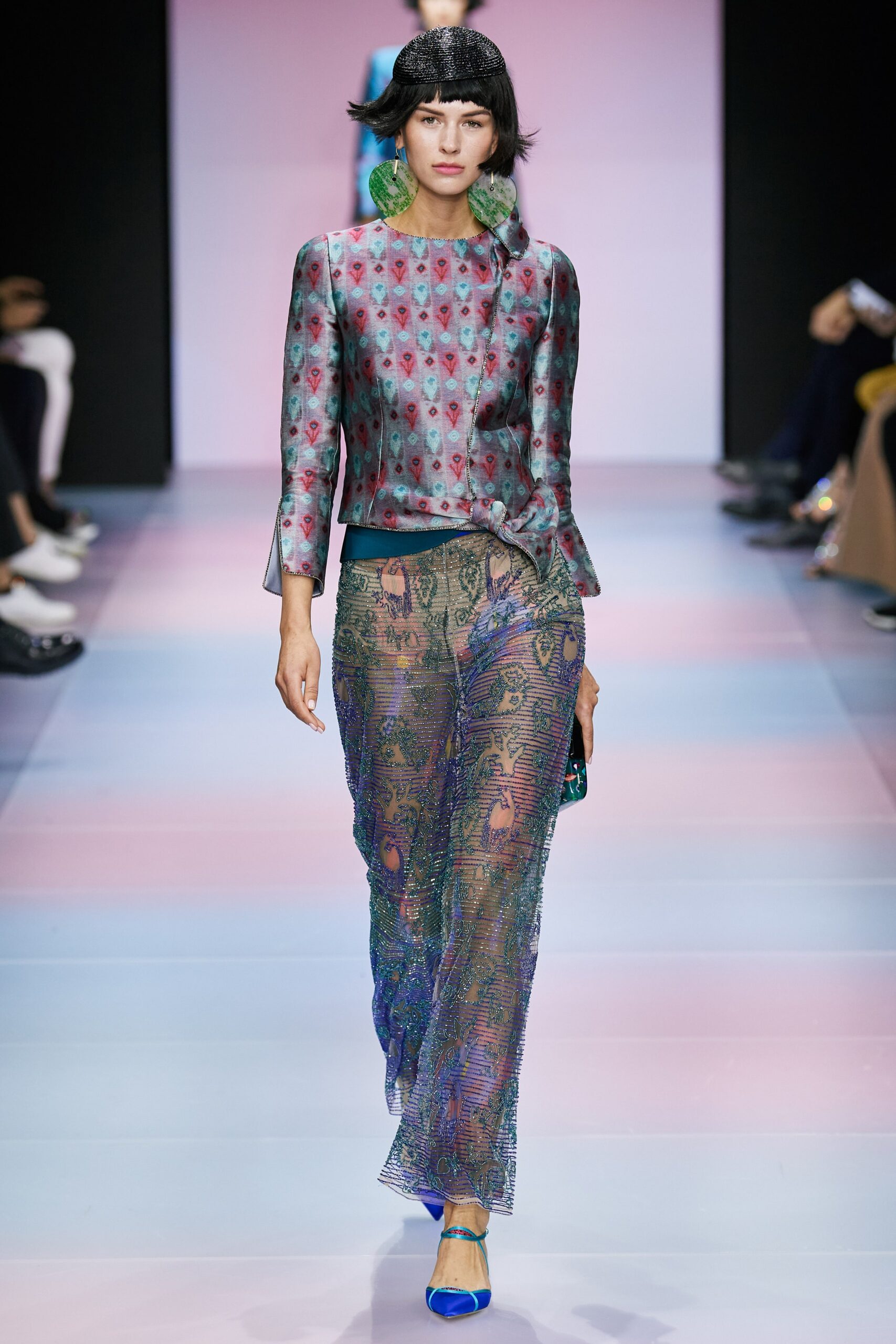 embroidered silk top with sheer pants