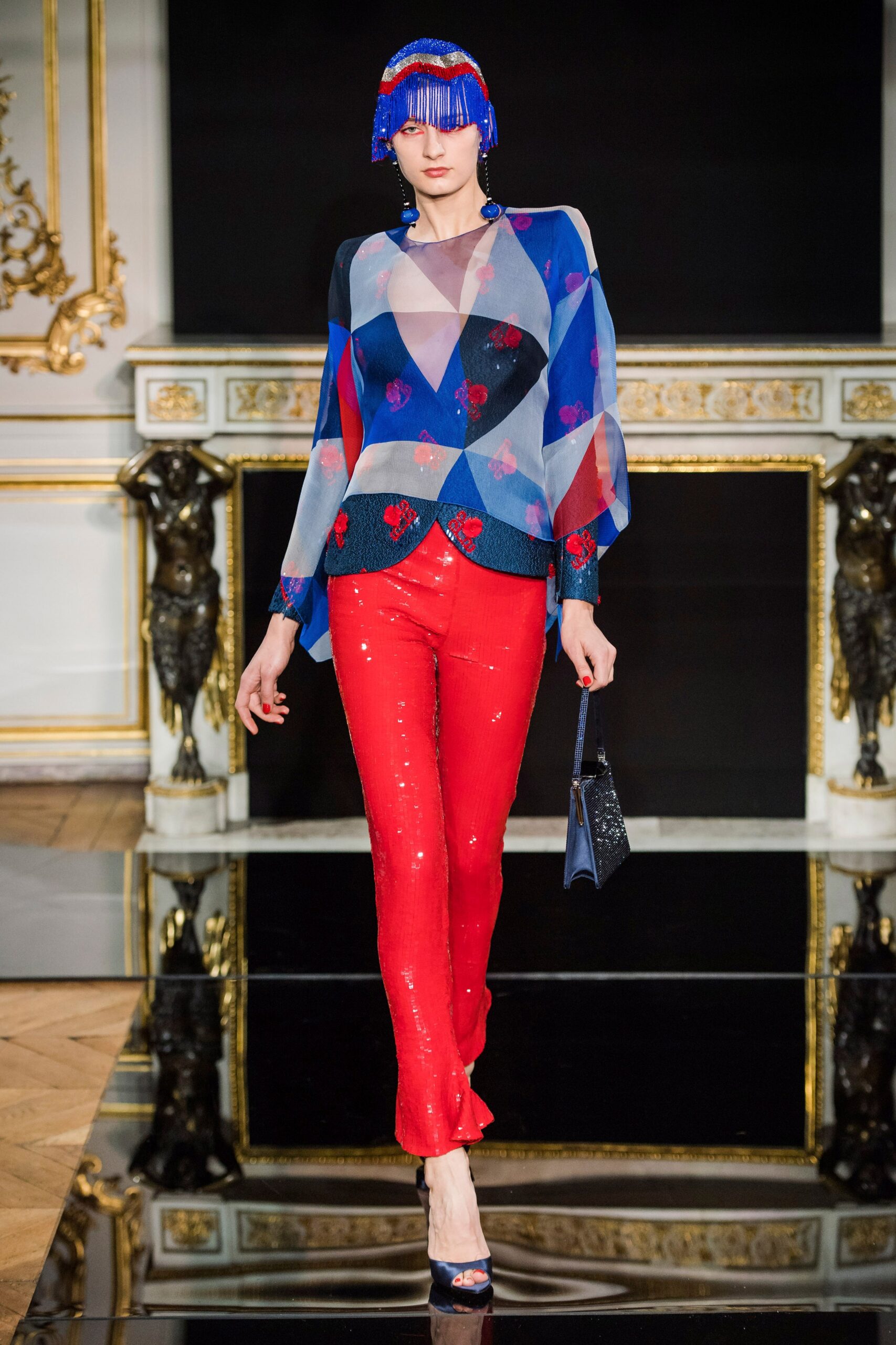 blue silk long-sleeve v-neck fitted layered printed top