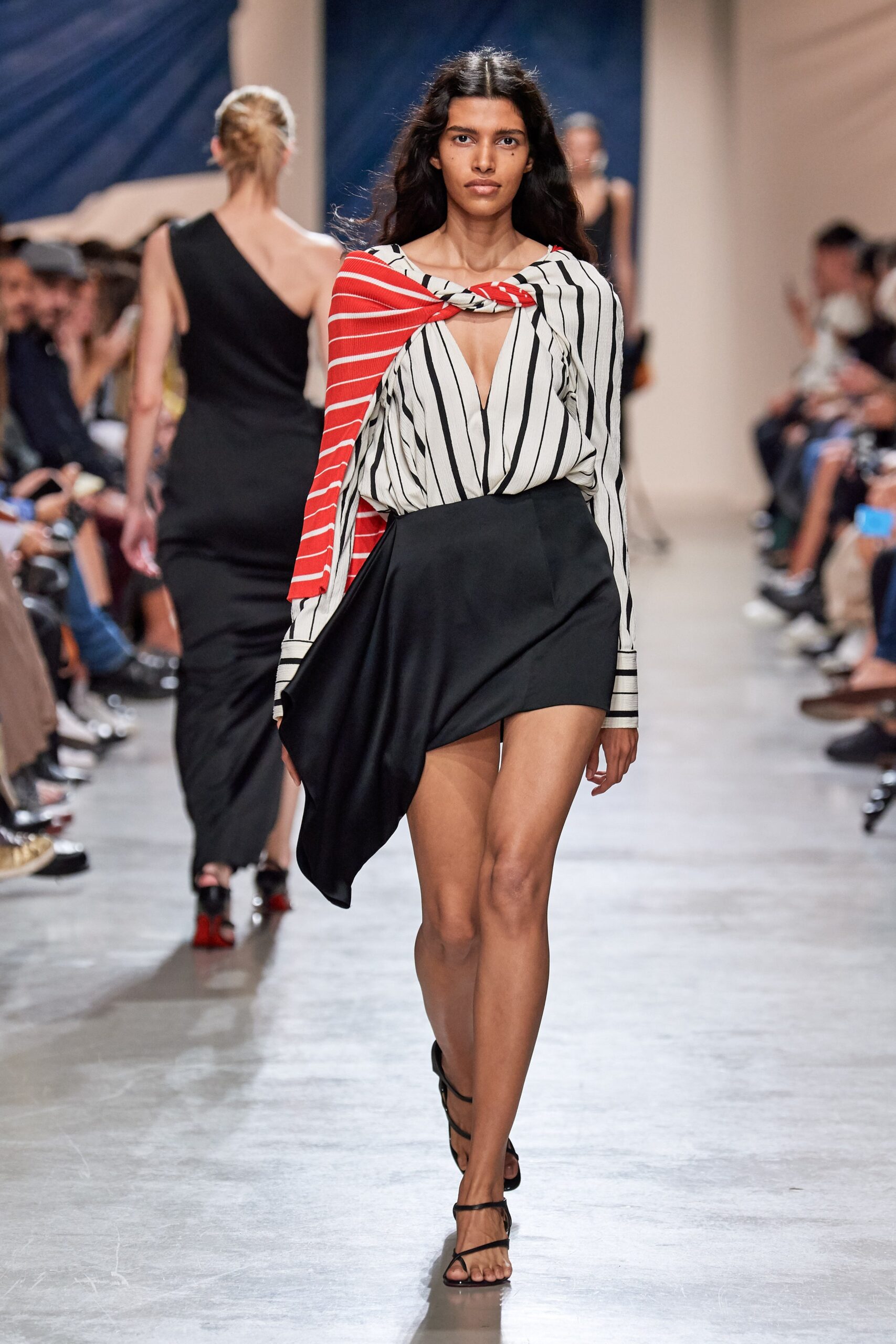 striped silk top and black mini skirt