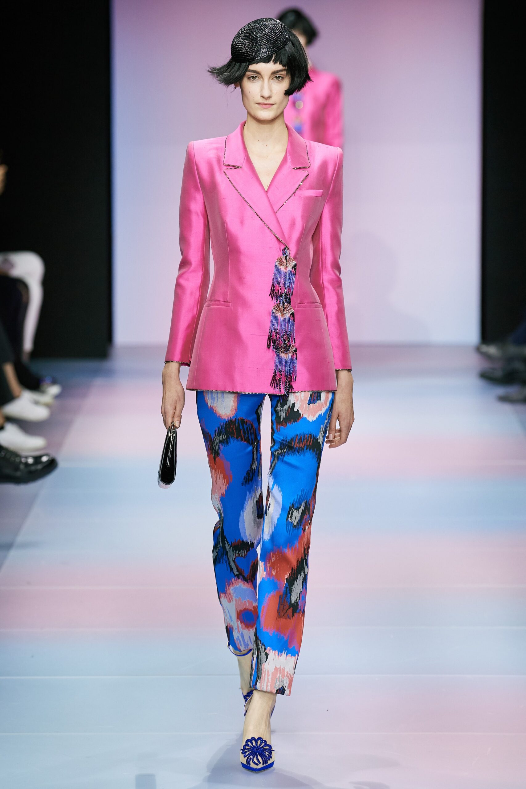 pink satin tailored blazer with printed pants