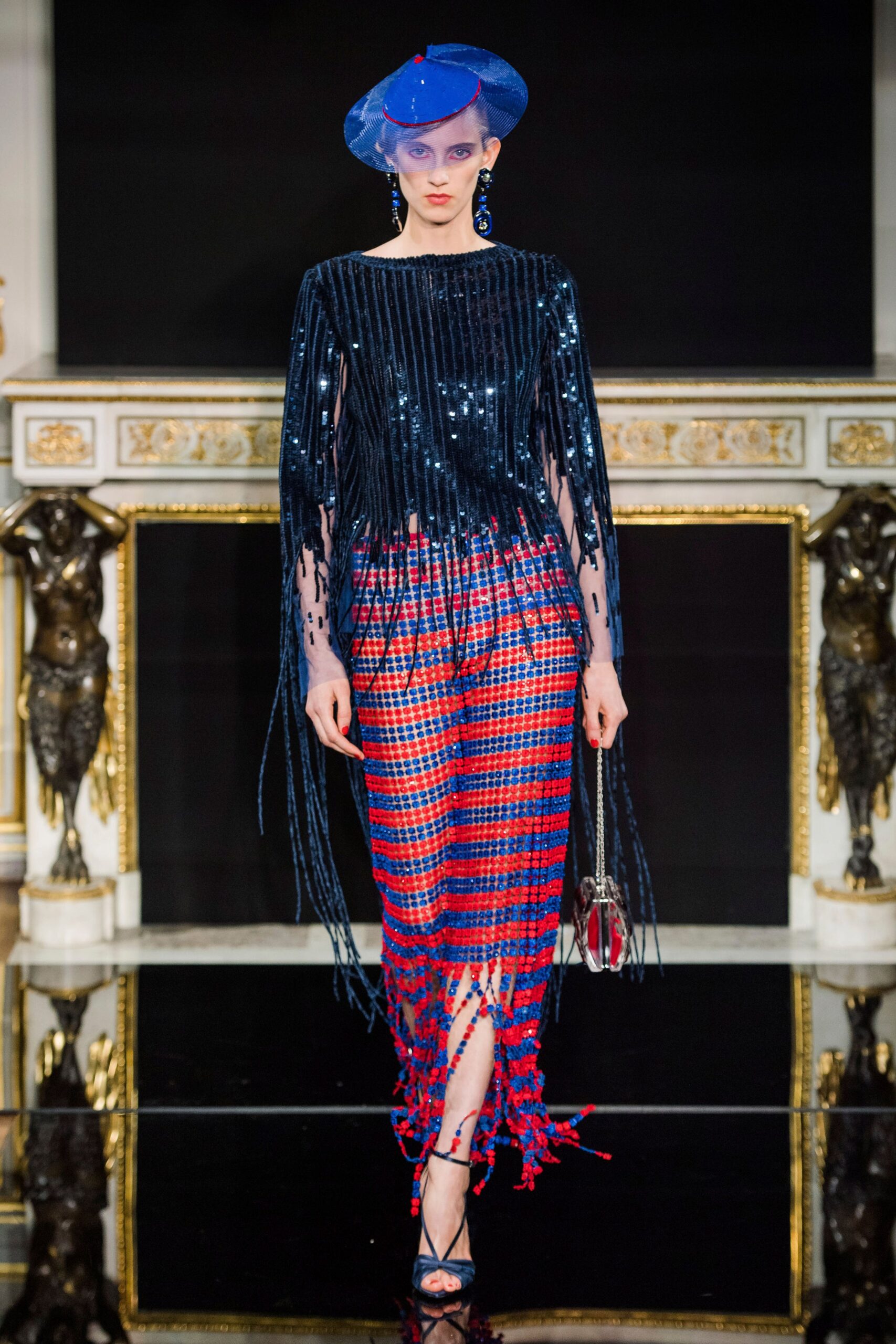 blue and red sequined top and skirt