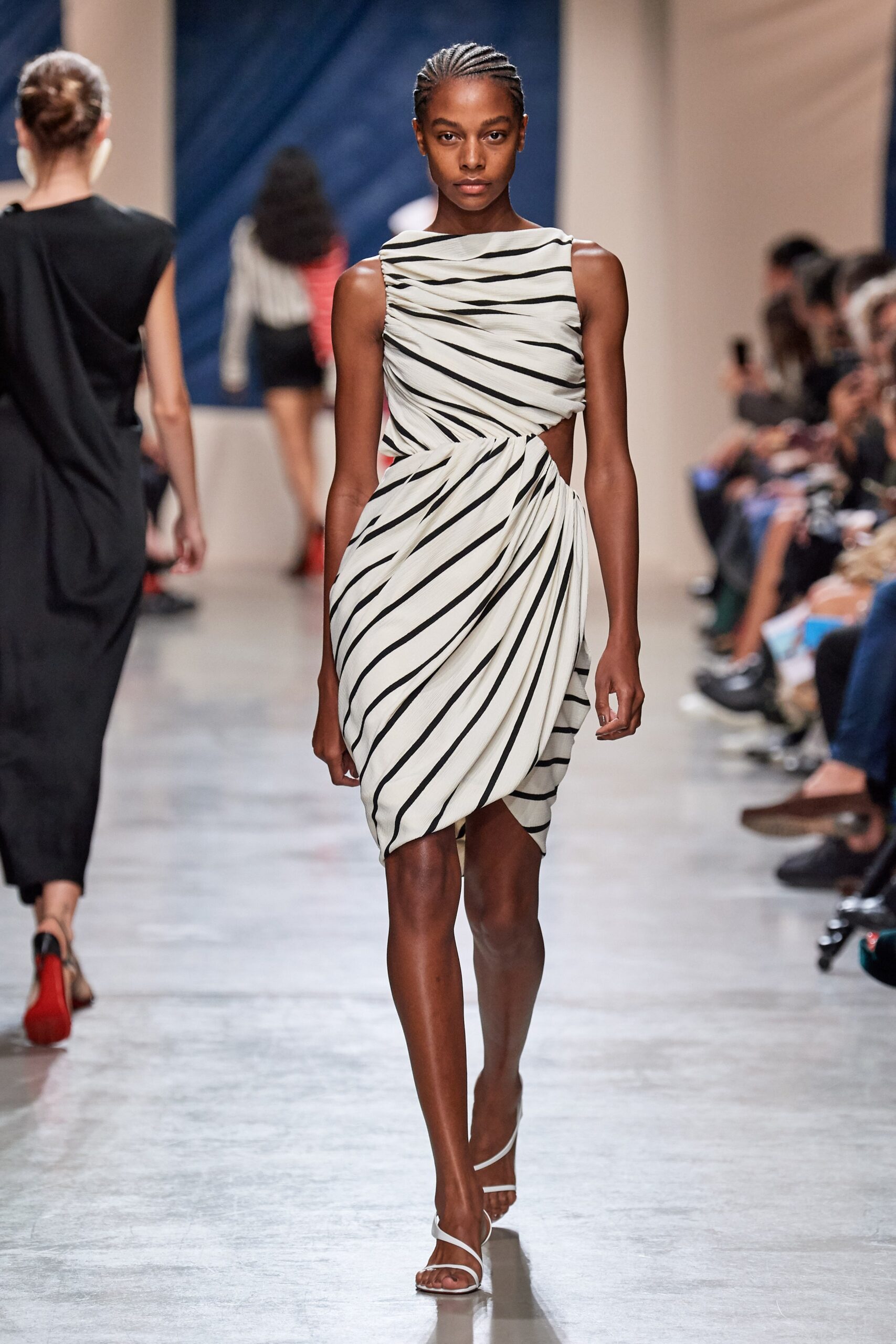 white and black striped draped dress