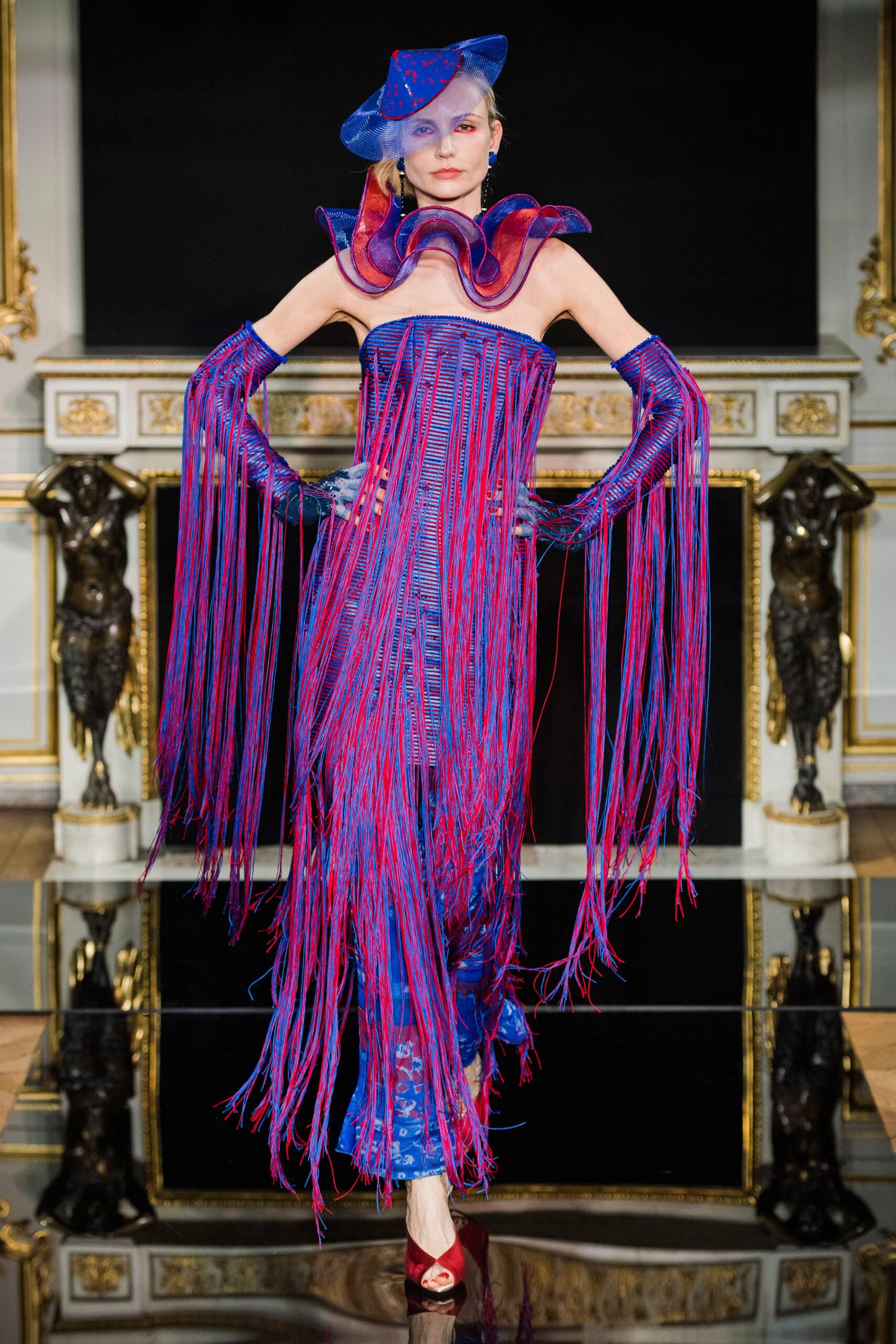 blue and red fringed maxi dress