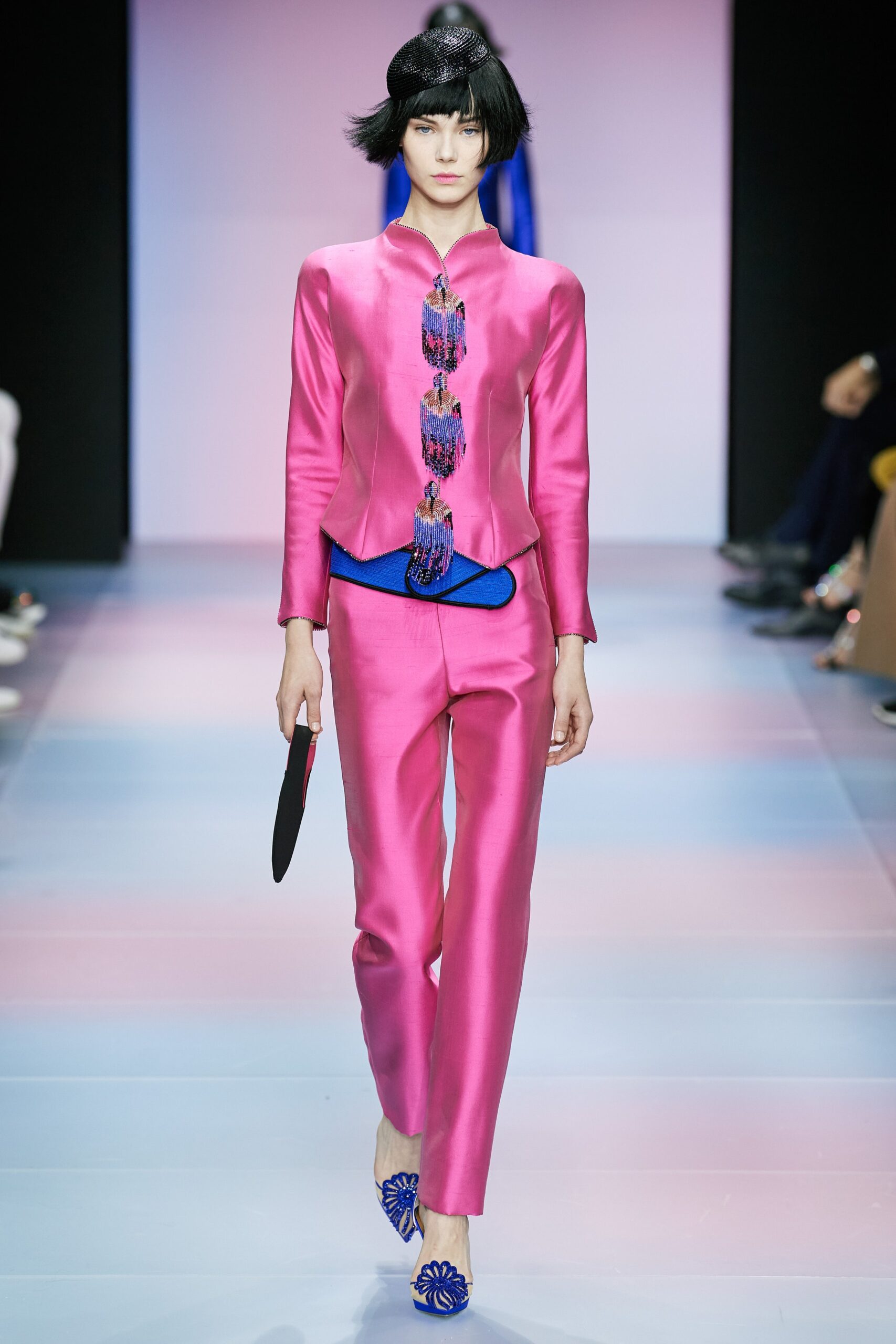 fitted pink silk suit