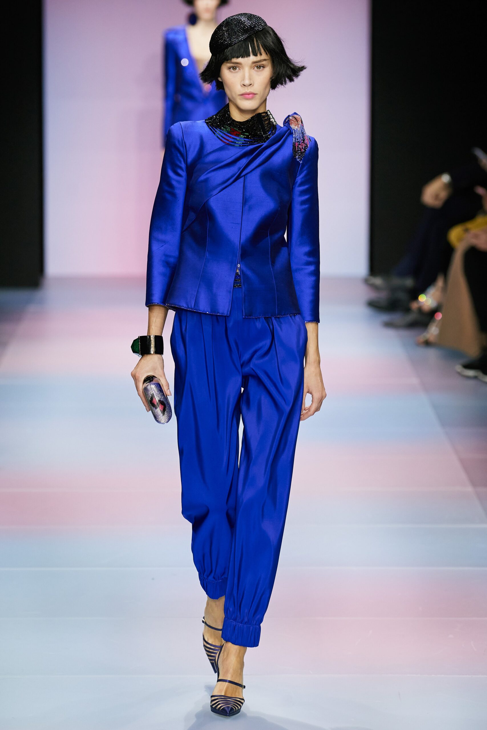 blue silk tailored blazer and pants