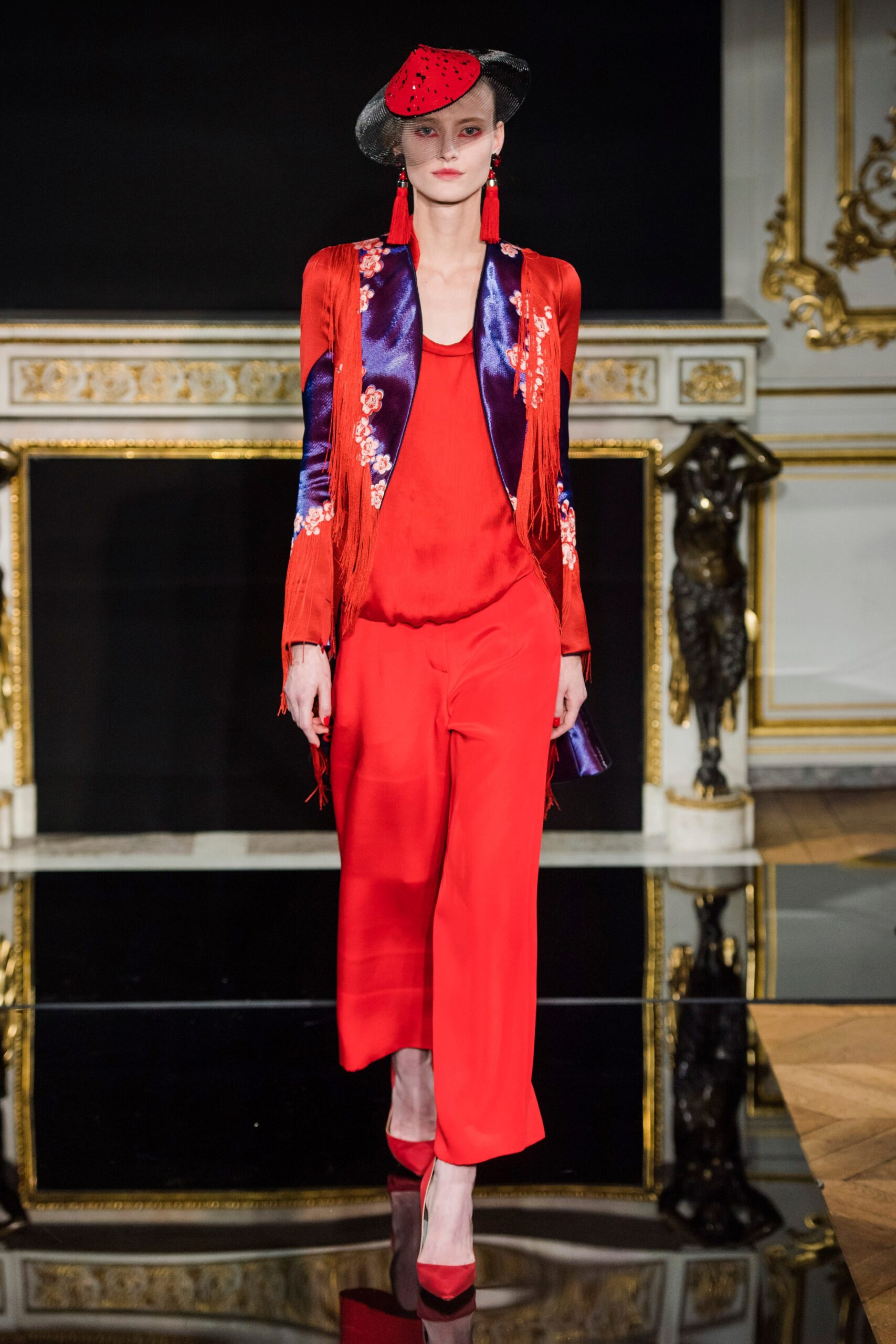 red silk long-sleeve collared fitted embroidered fringed jacket