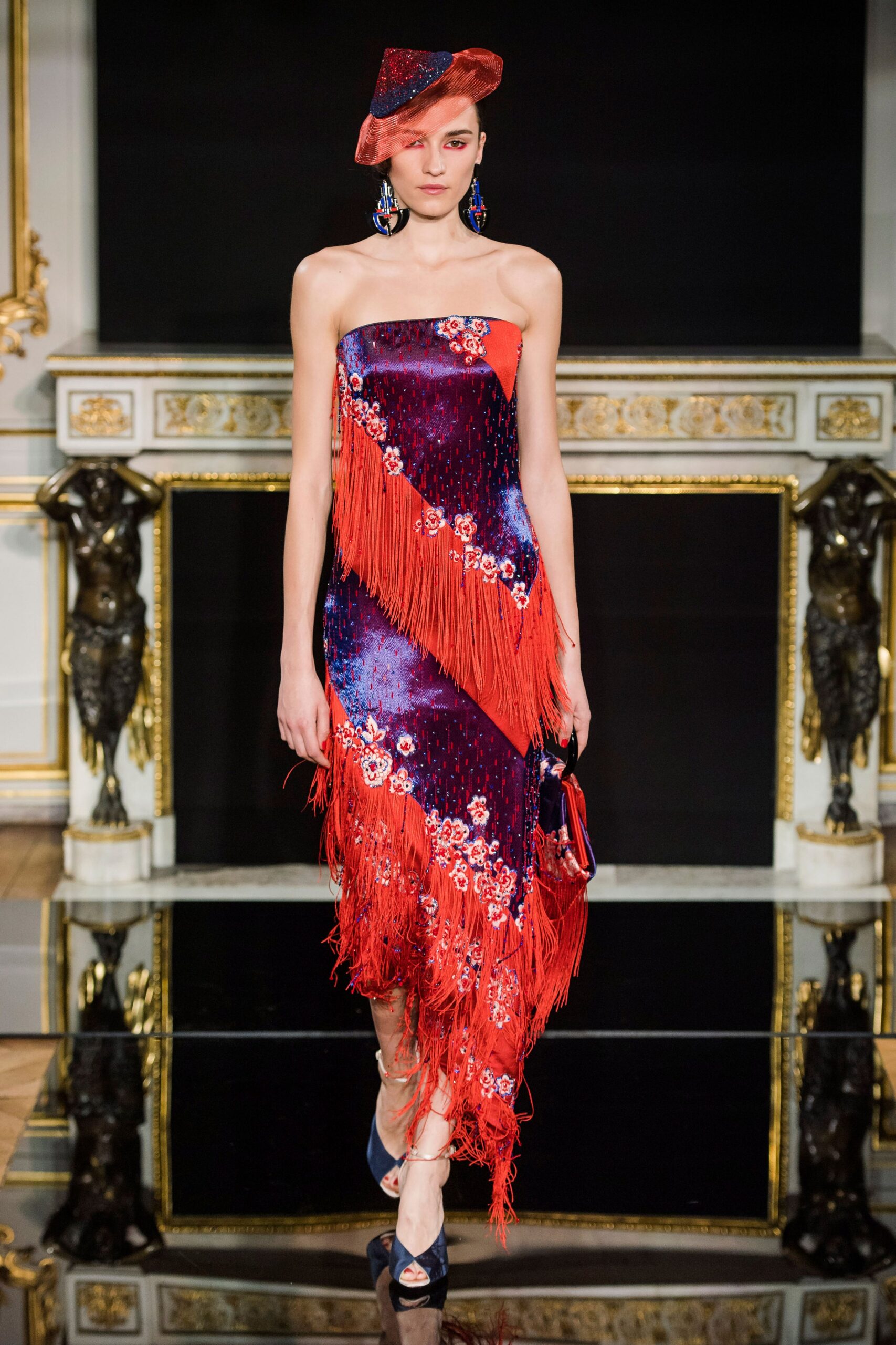 red silk strapless fitted fringed embroidered midi dress