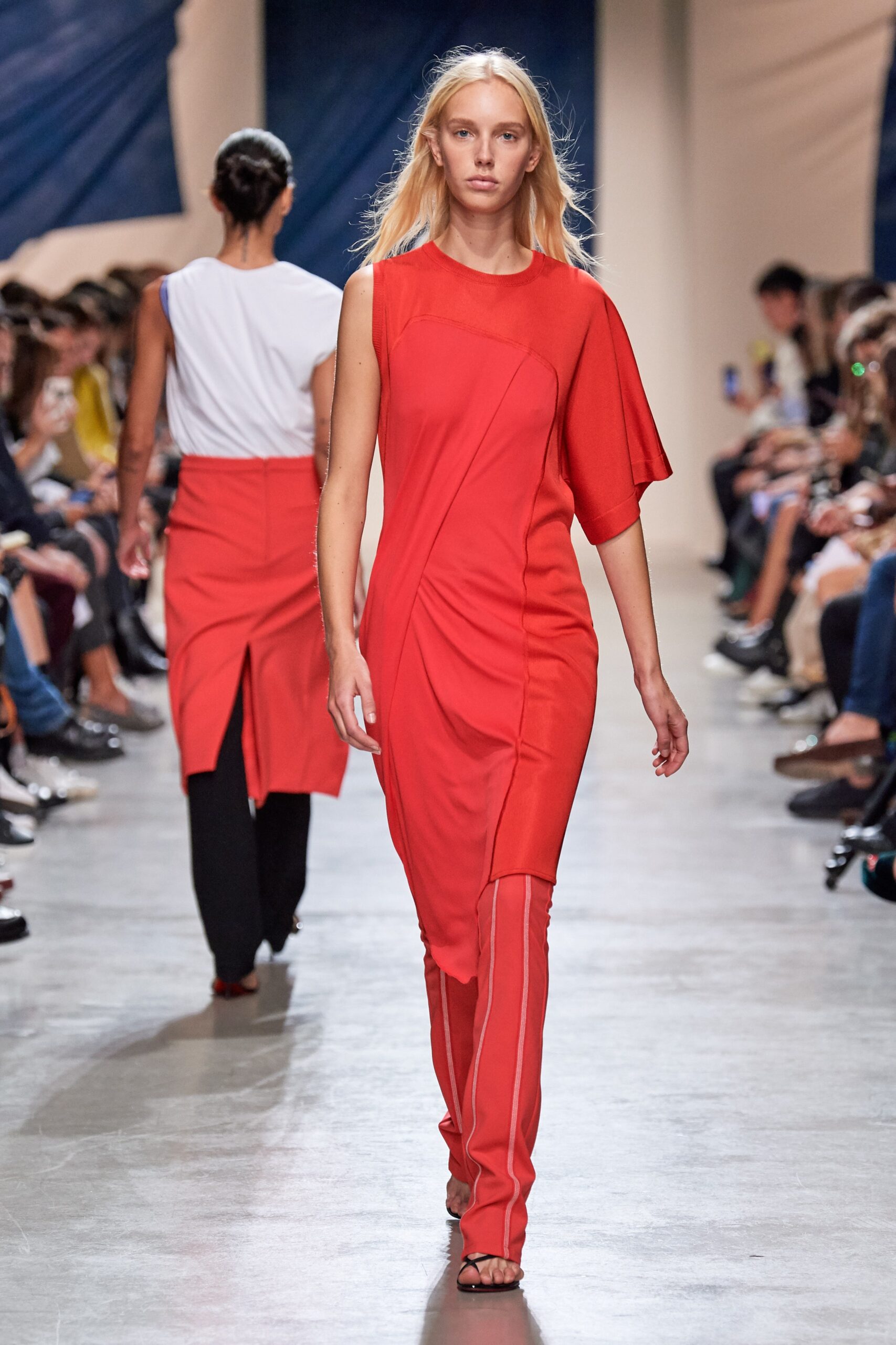 red cotton sleeveless asymmetric fitted draped midi dress