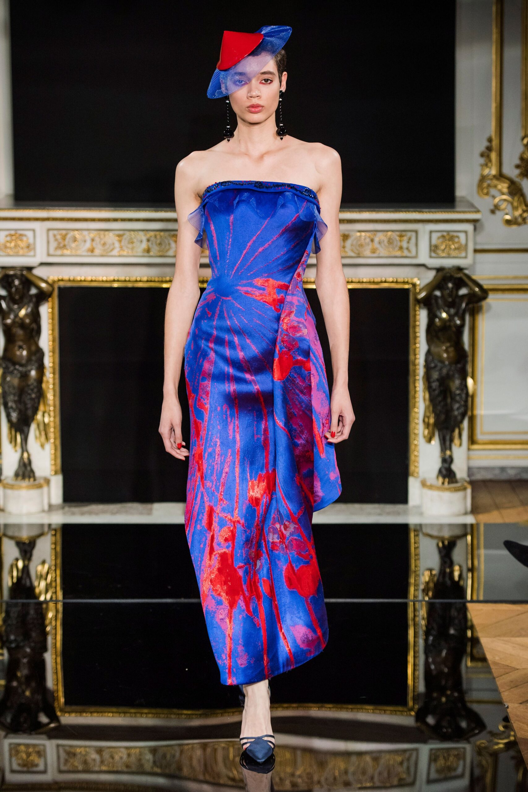 blue and red strapless gown
