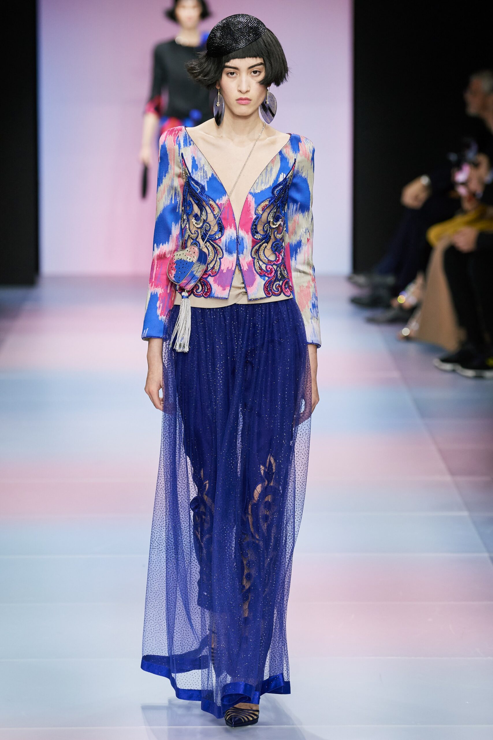 multi-colored silk jacket with sheer blue pants