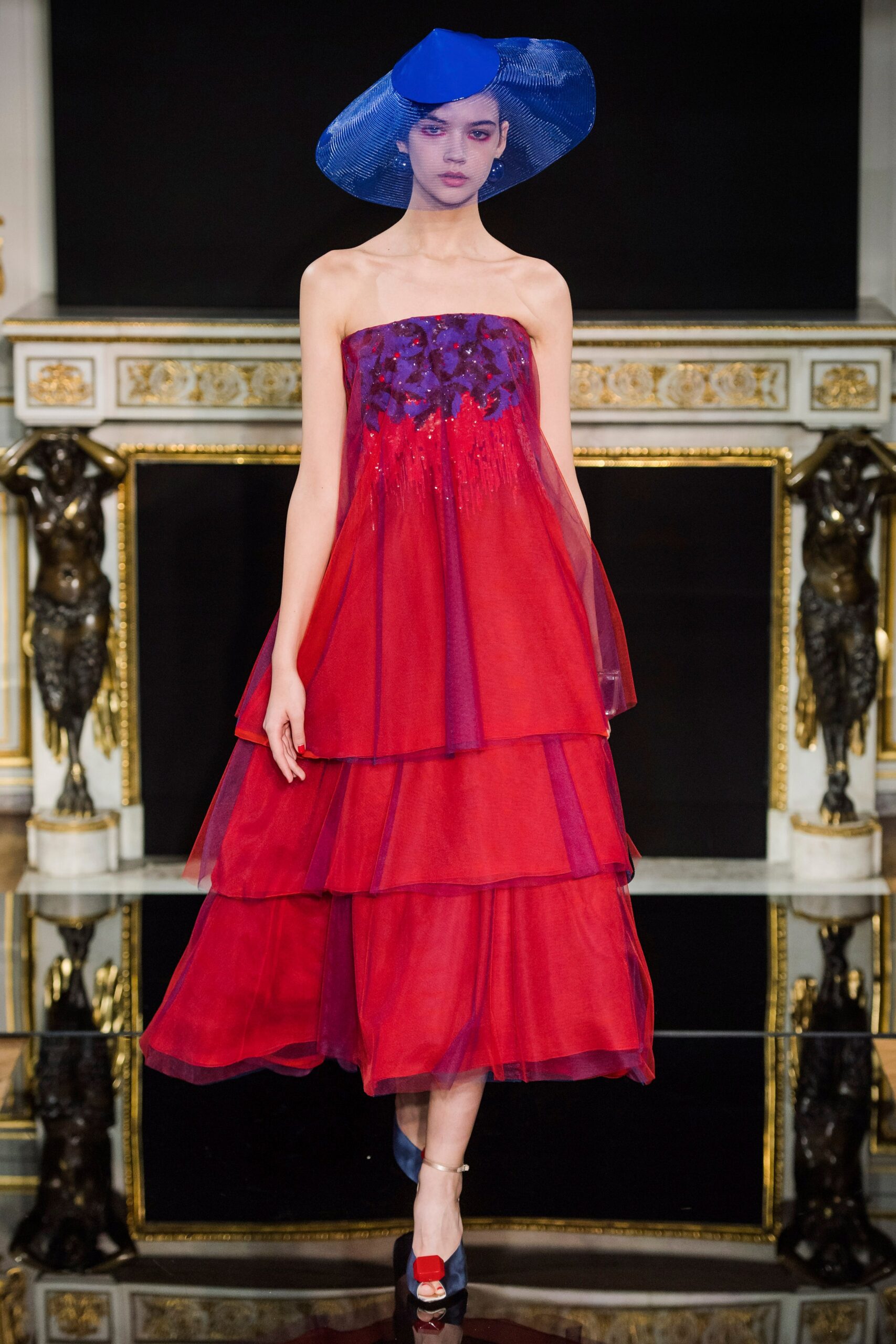 red silk strapless fitted tiered flowing midi dress