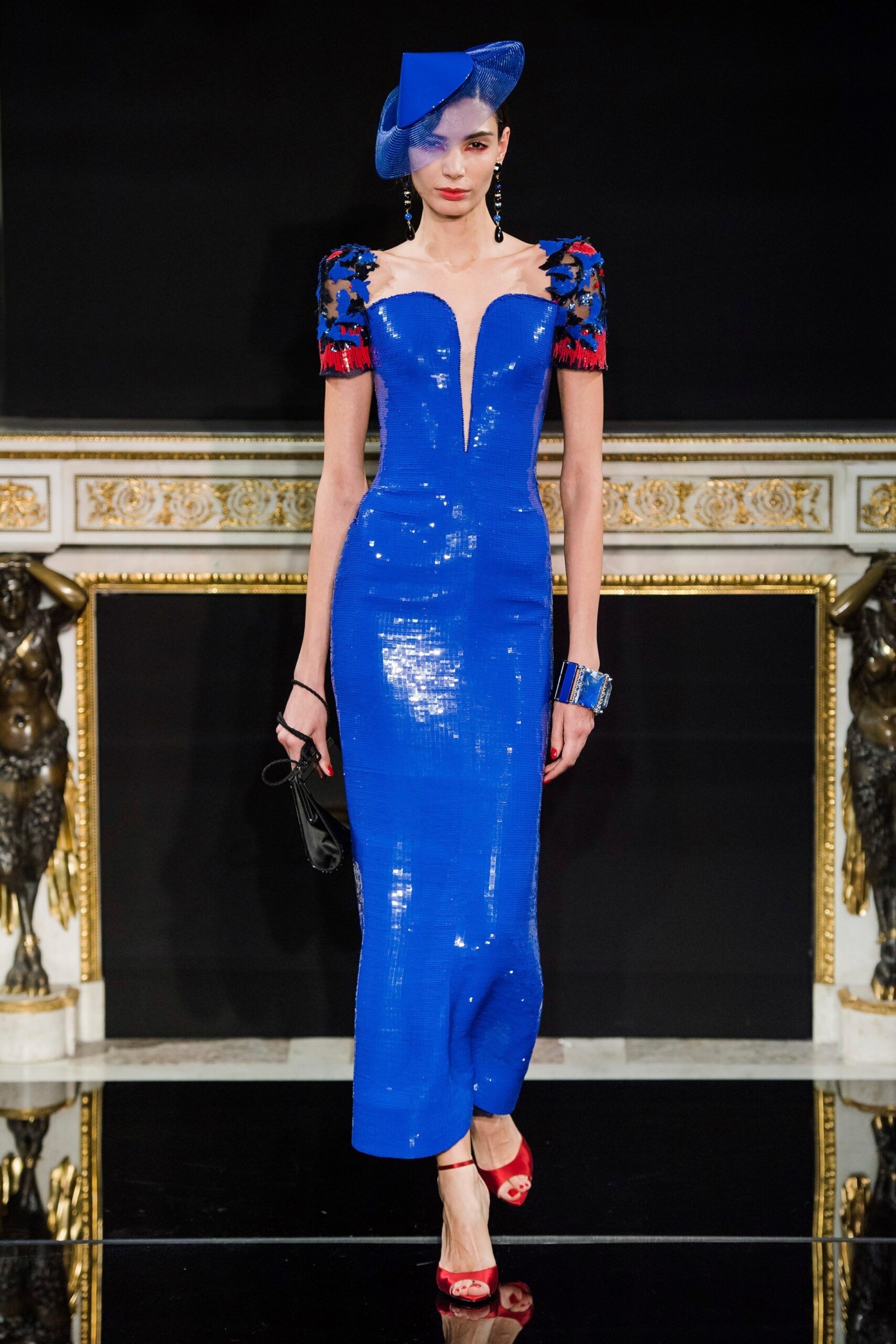 fitted blue vinyl midi dress