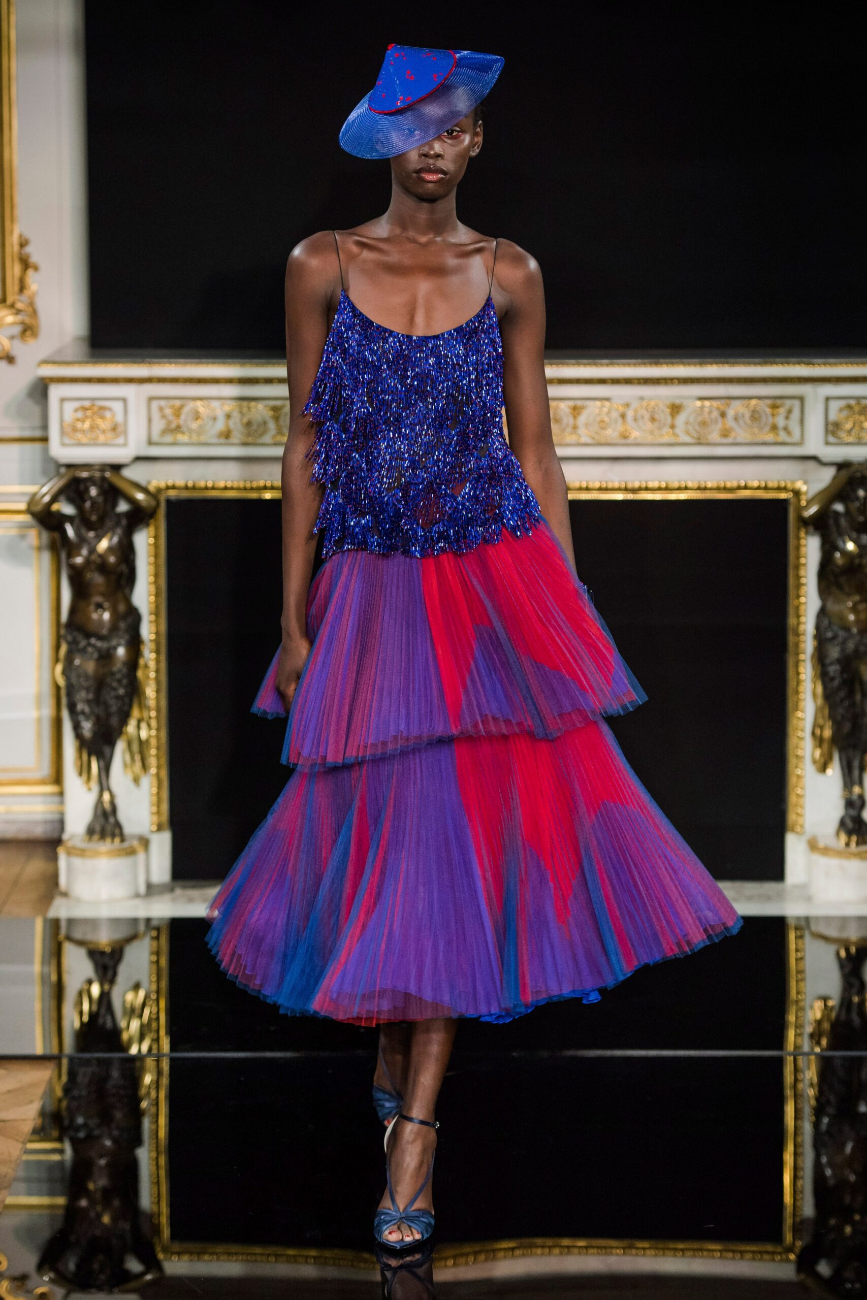 blue and red tiered dress