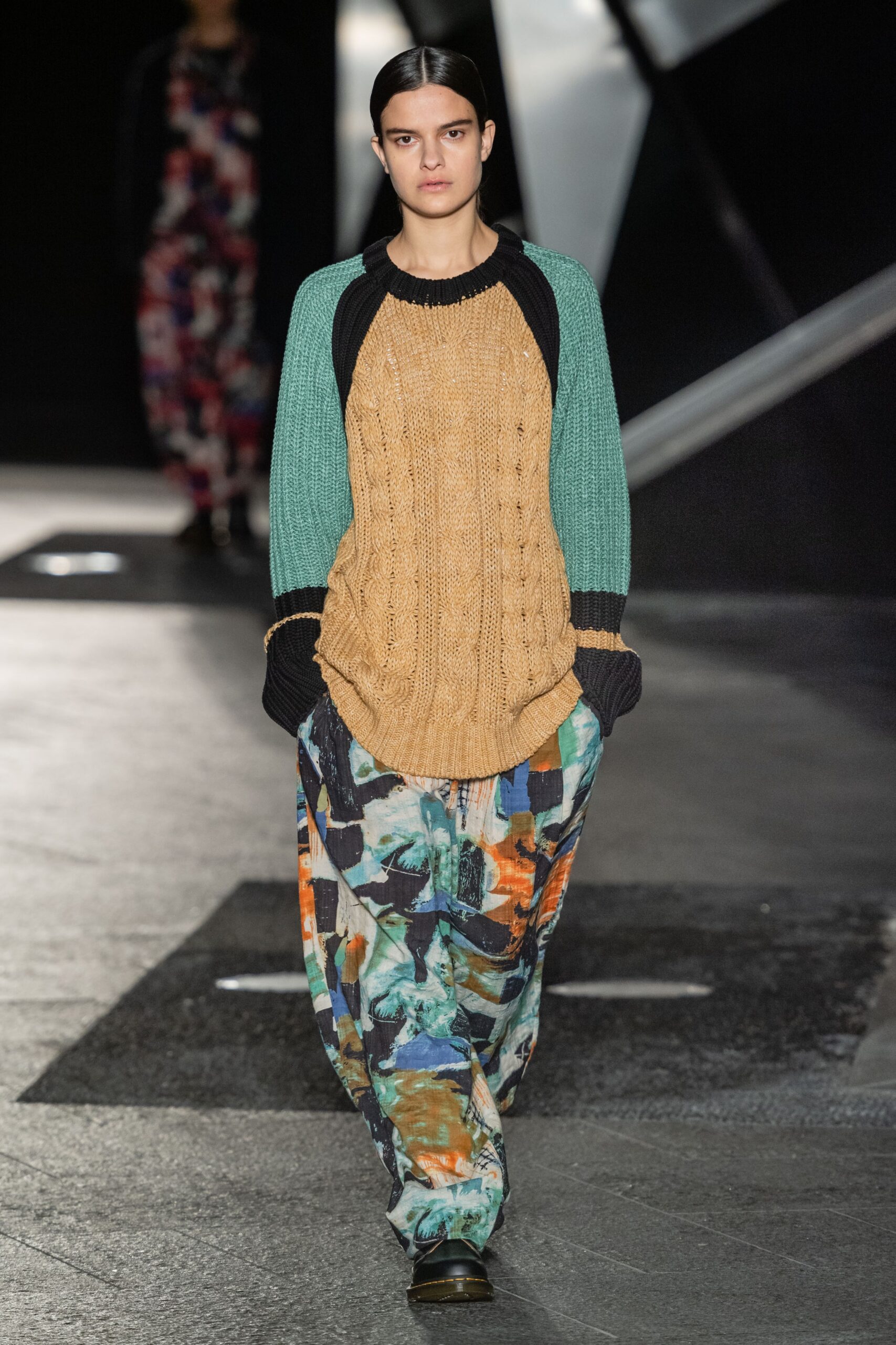 relaxed multi-colored pants and sweater