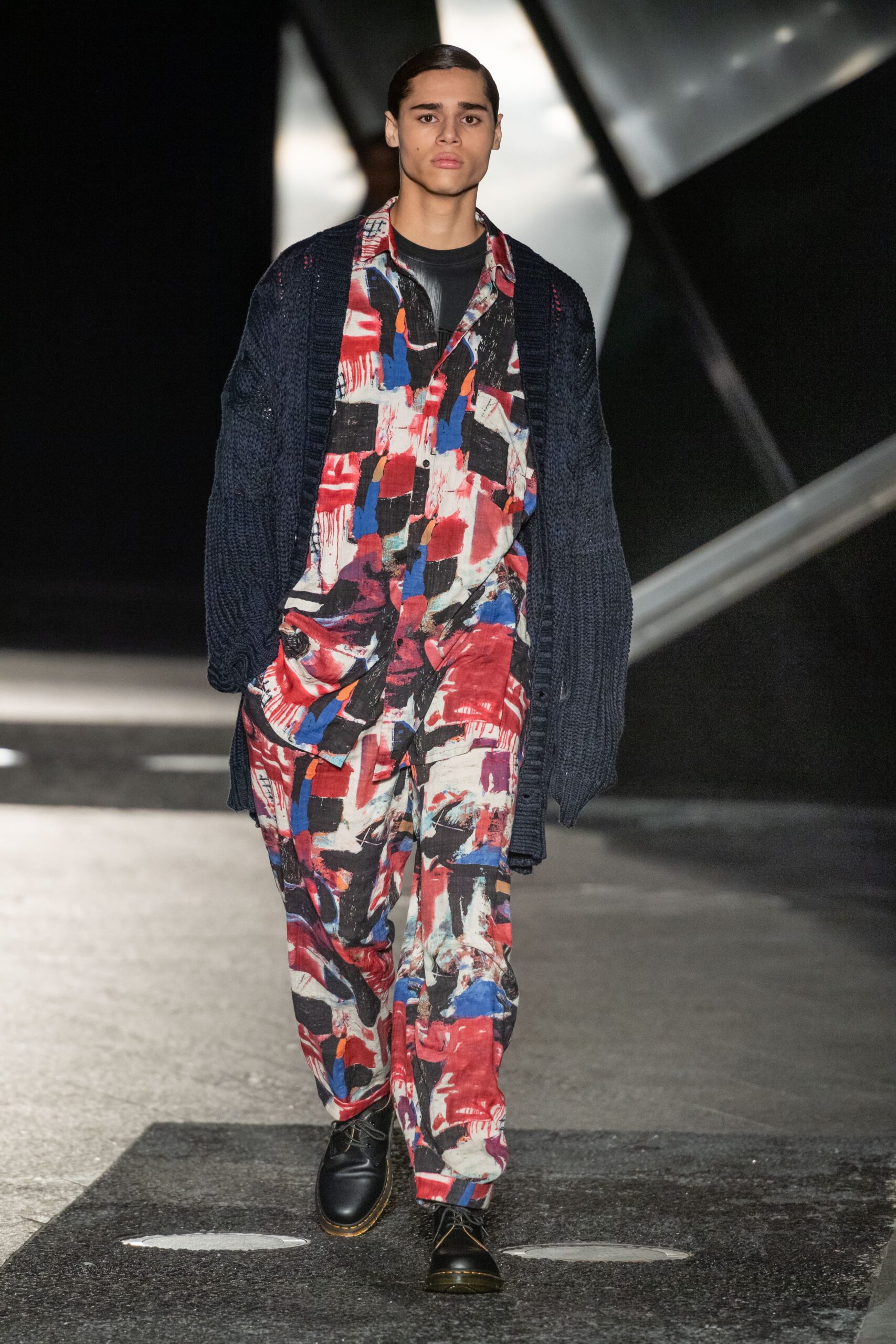 relaxed printed jumpsuit with oversized cardigan