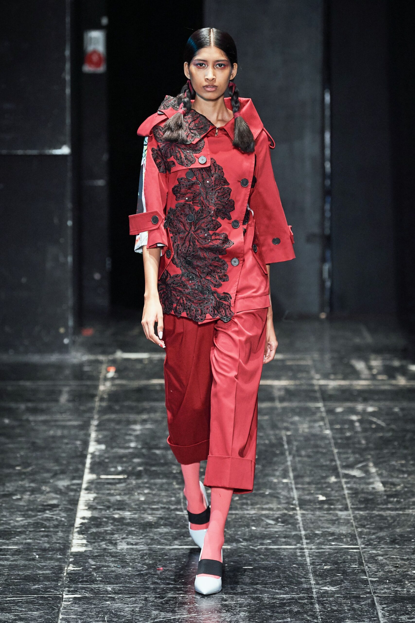 red cotton long-sleeve collared relaxed buttoned embroidered jacket