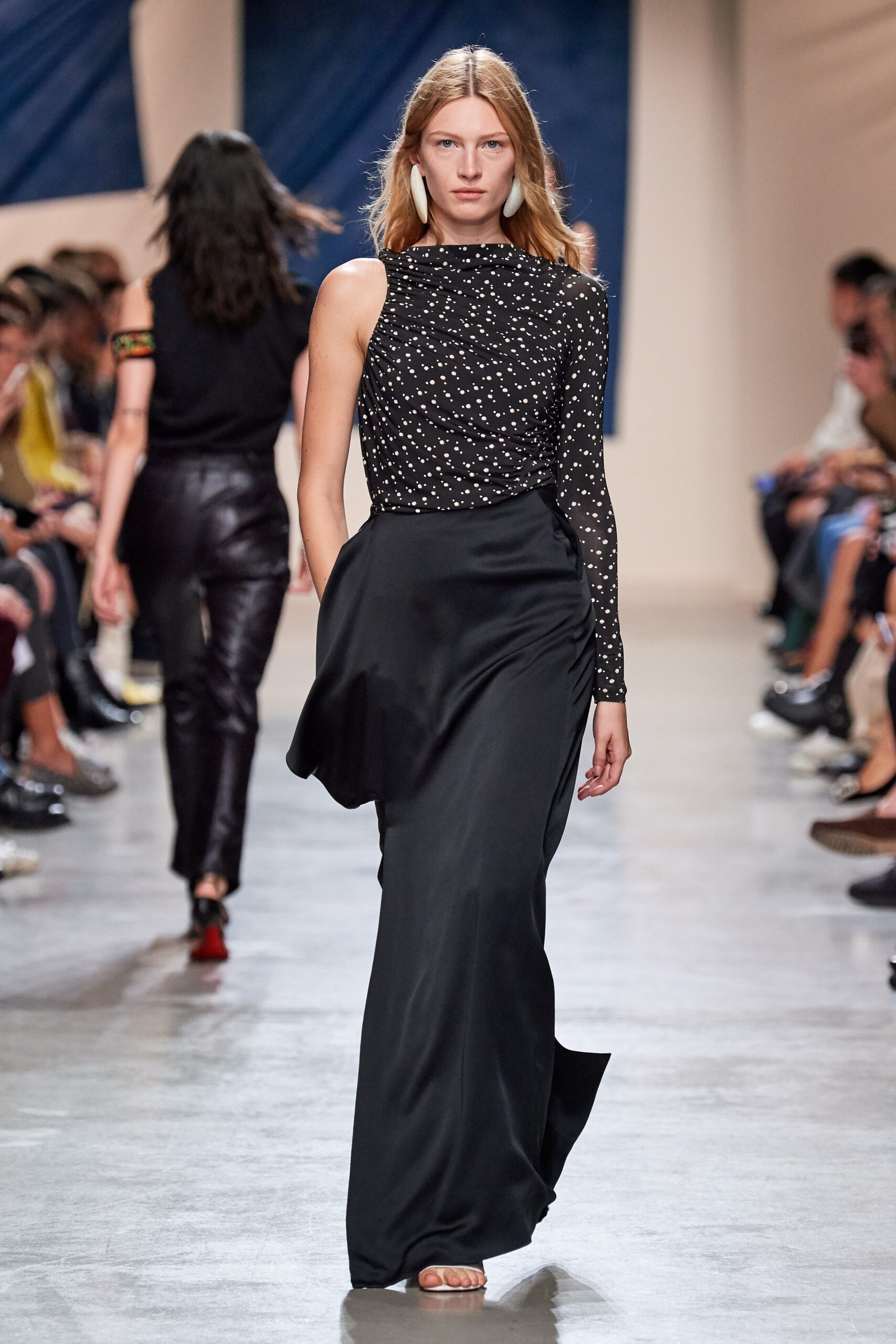 black silk long-sleeve high-neck fitted draped flowing gown