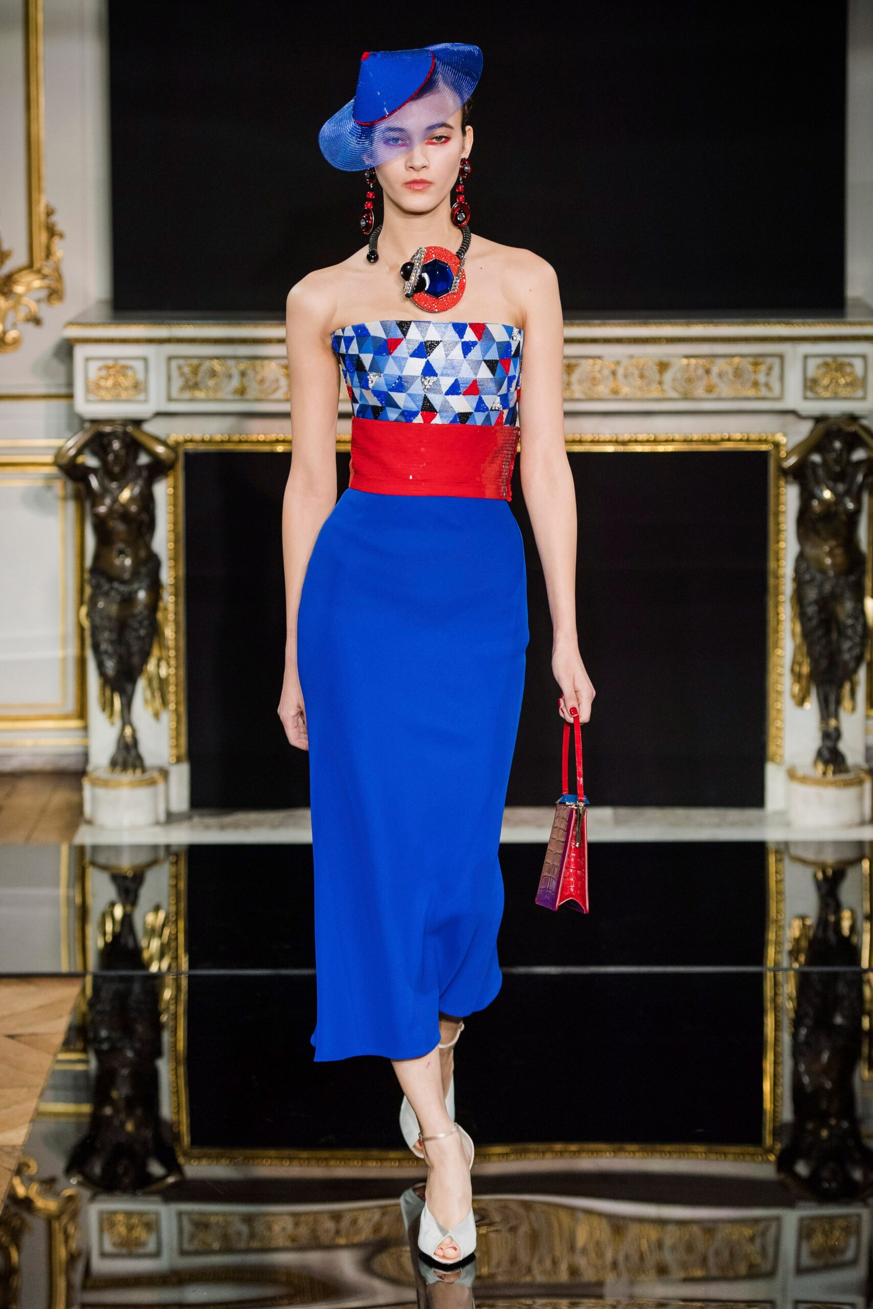 blue sleeveless strapless fitted color-blocked pleated midi dress