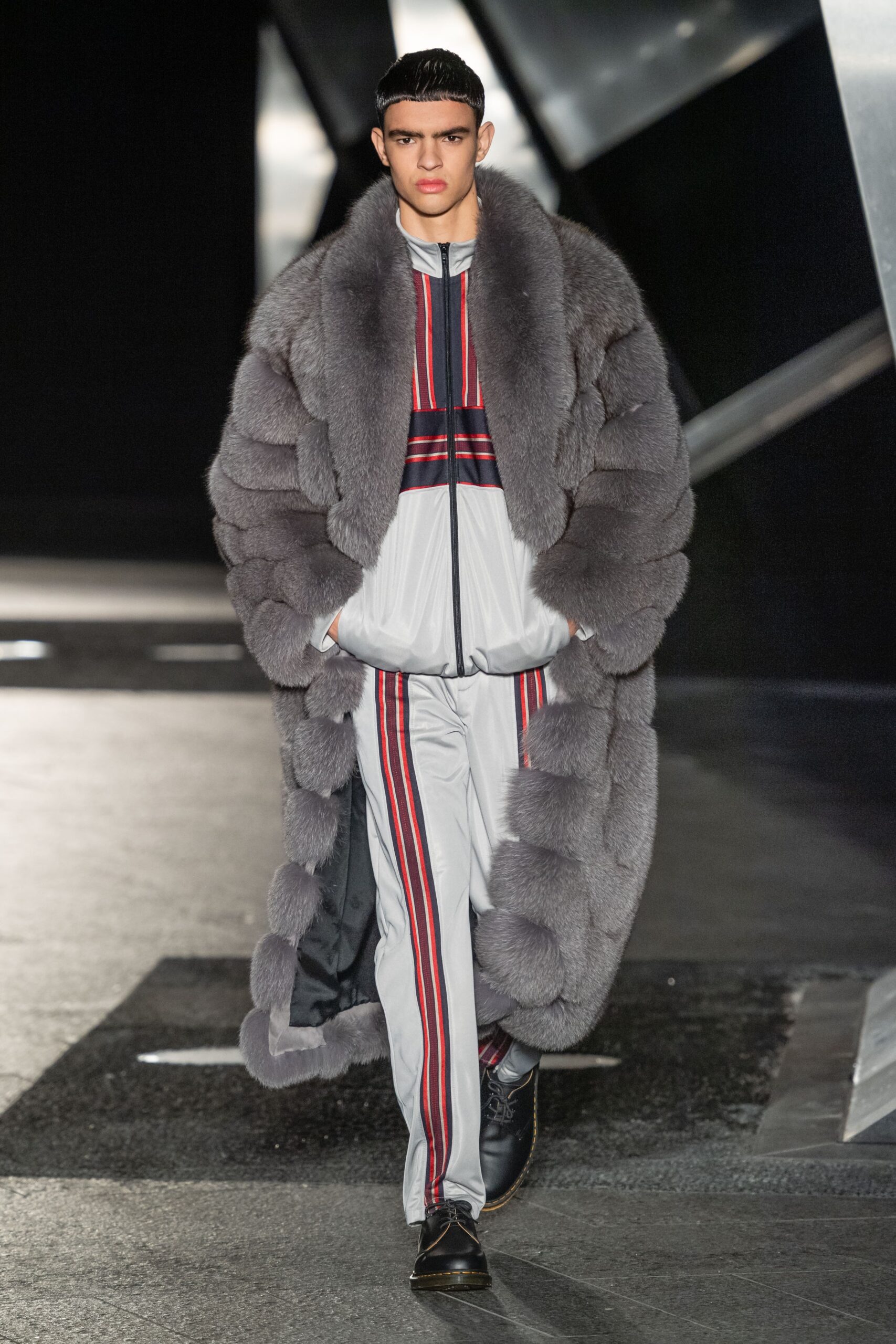 gray fur oversized coat with fitted jacket