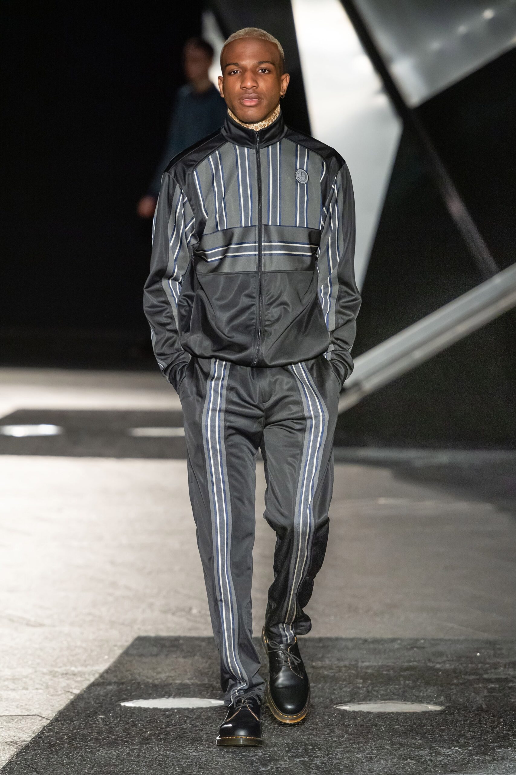 black gray striped jacket and pants
