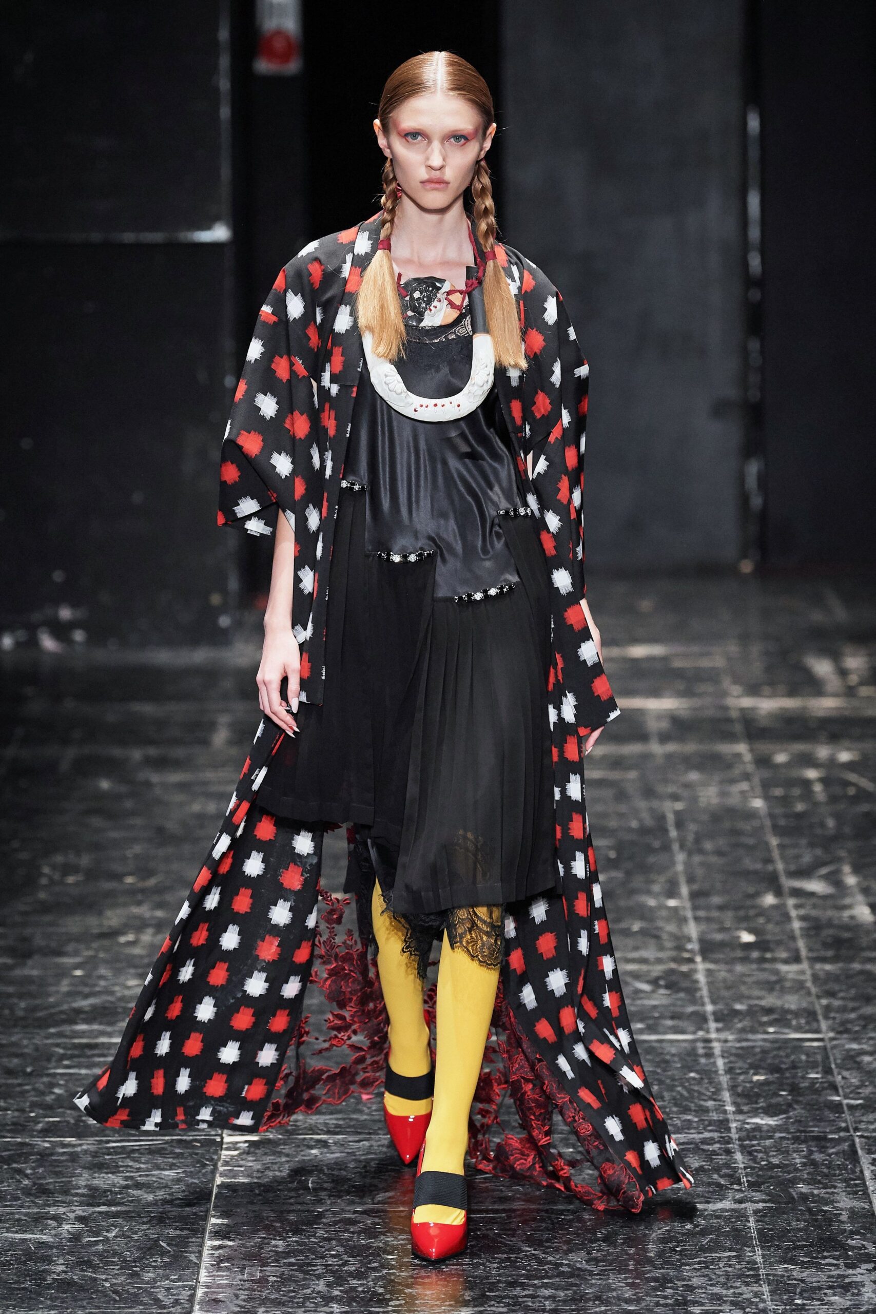 red silk long-sleeve oversized printed cape