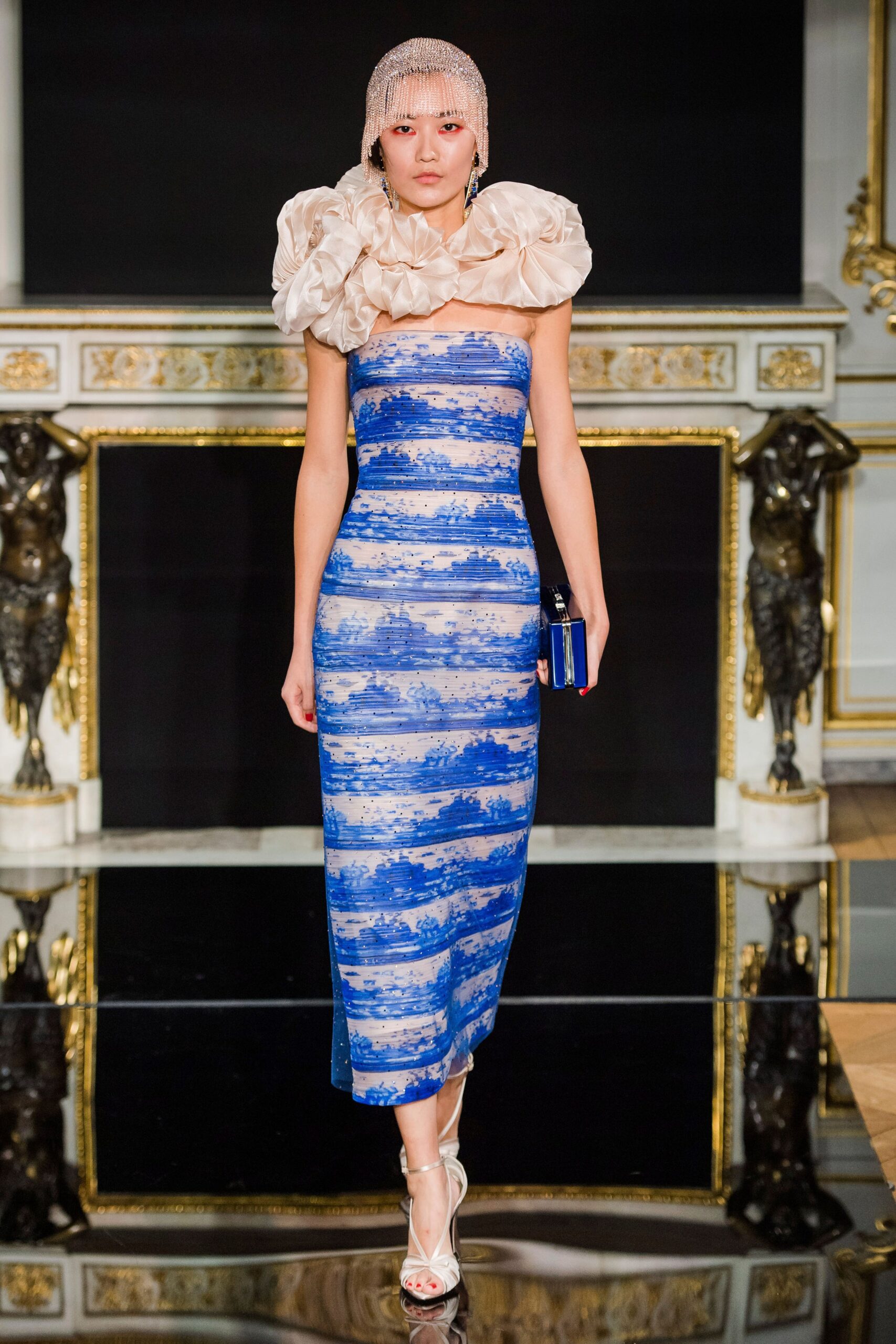 beige silk fitted structured ruffled hat