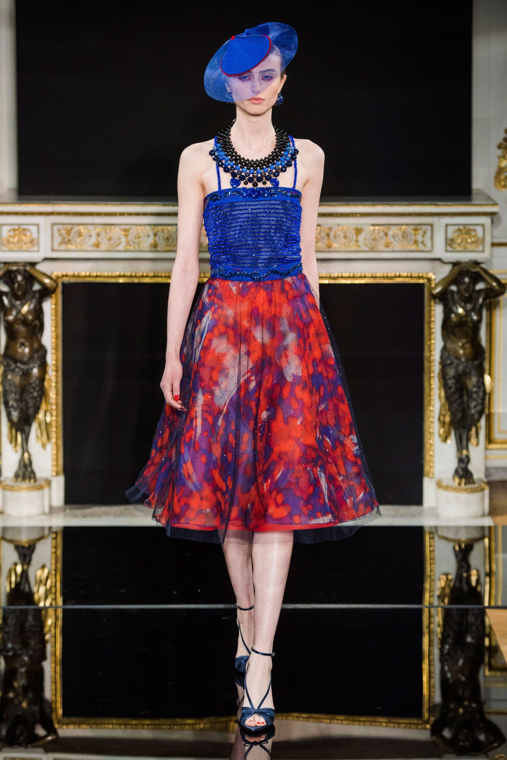 red and blue printed midi dress