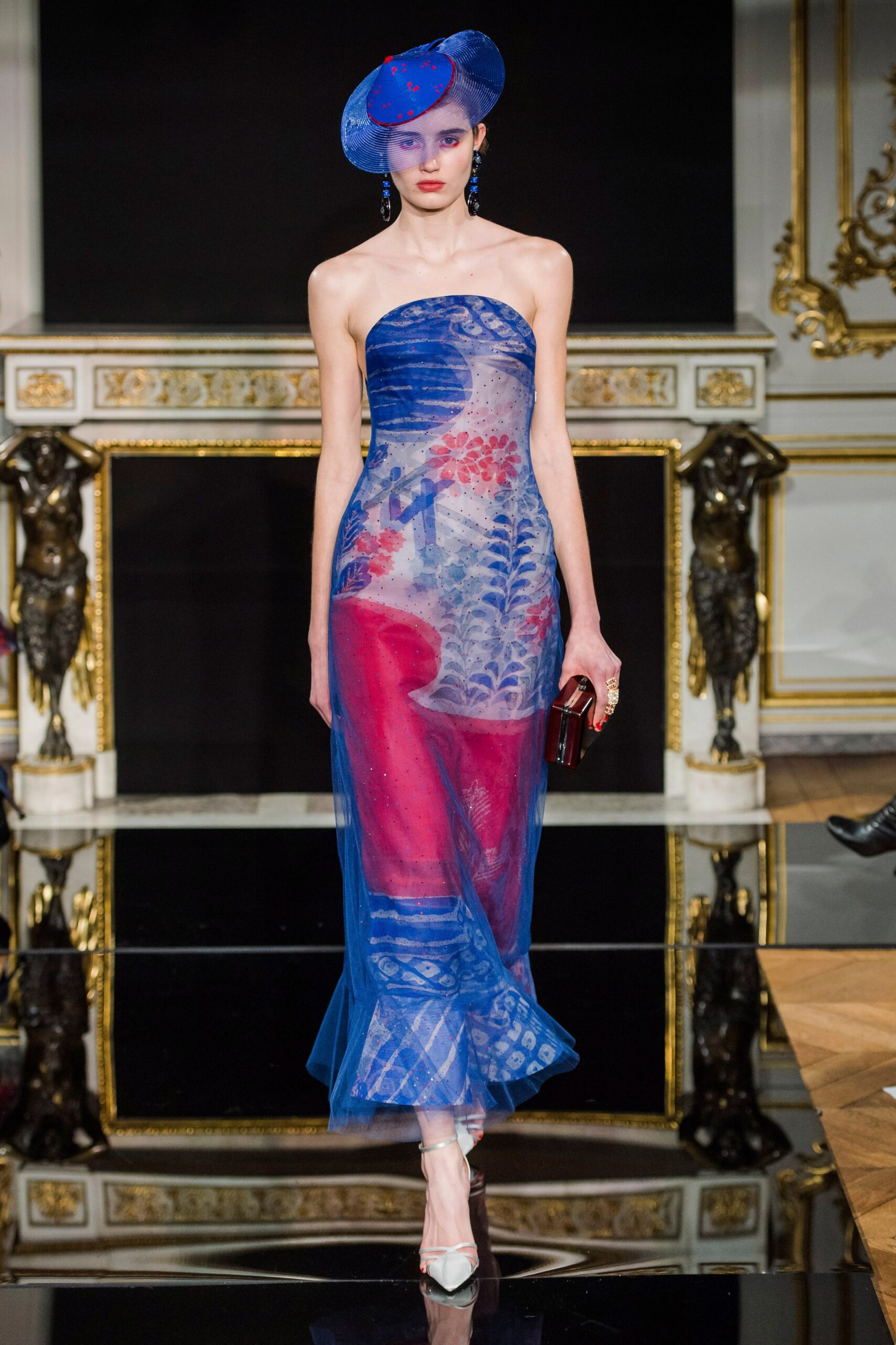 blue and red strapless gown