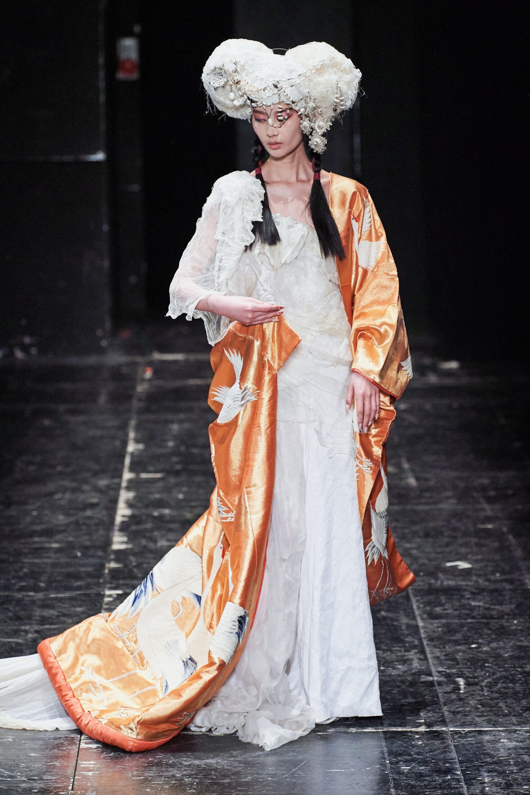 orange silk long-sleeve relaxed embroidered cape