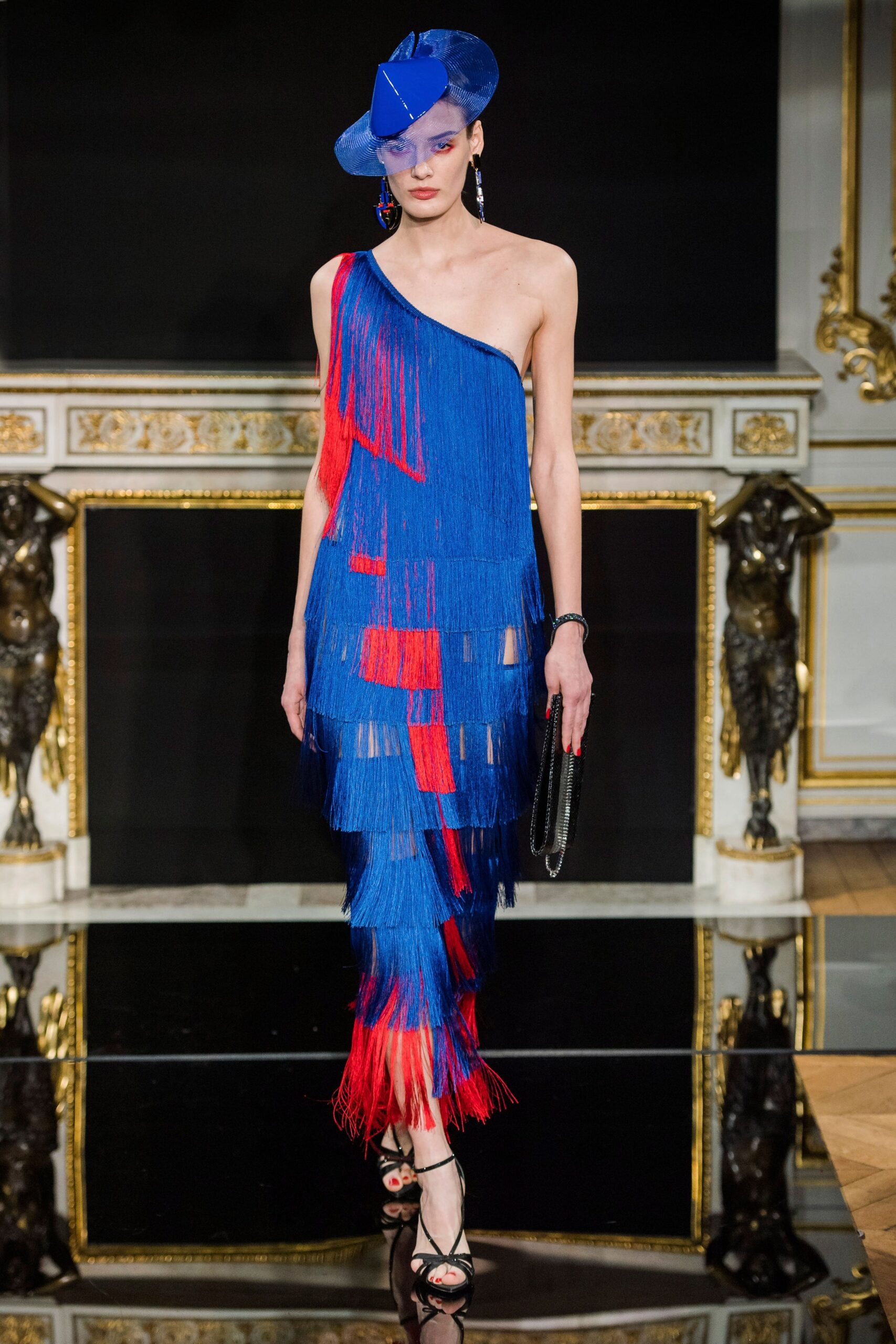 blue and red fringed dress